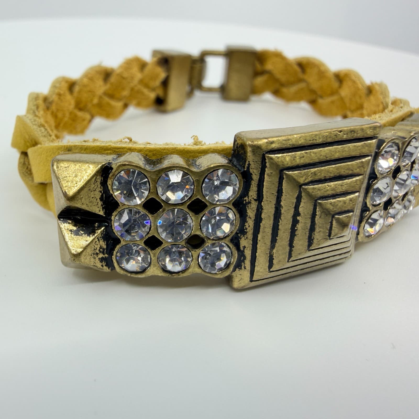 Vintage Antique Gold Tone Yellow Braided Statement Bracelet Rhinestone Bold Y2K - Thumbnail 2