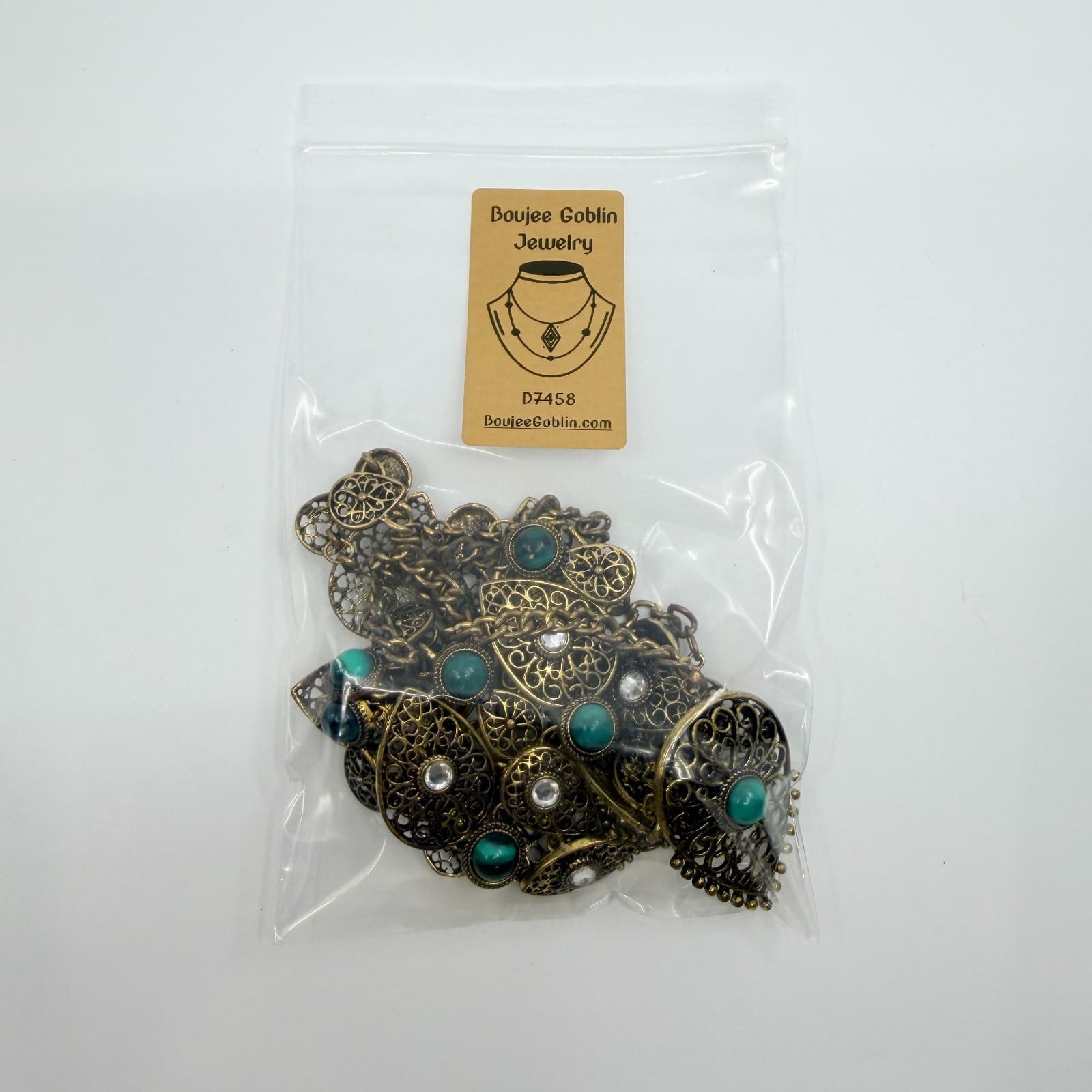 Vintage Antique Gold Tone Filigree Bib Statement Necklace Teal Green Boho Retro - Thumbnail 10