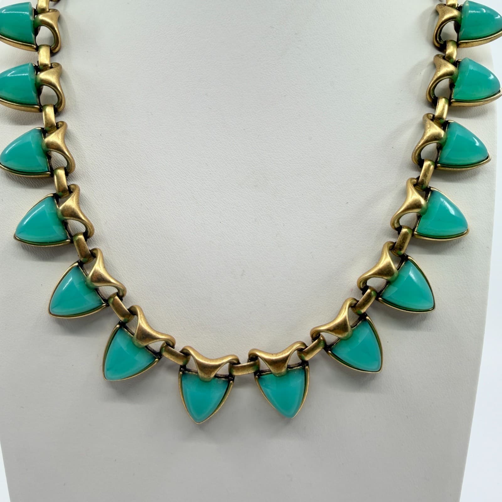 Vintage Antique Gold Tone Aqua Green Triangle Statement Necklace Bold Chunky Y2K - Thumbnail 2
