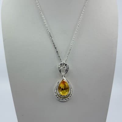 Vintage Silver Tone Yellow Teardrop Crystal Pendant Necklace Rhinestone Halo - Thumbnail 5
