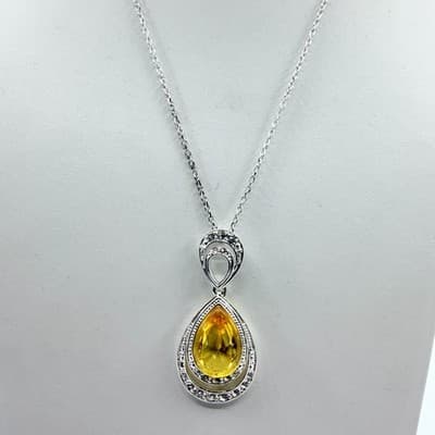 Vintage Silver Tone Yellow Teardrop Crystal Pendant Necklace Rhinestone Halo - Thumbnail 2