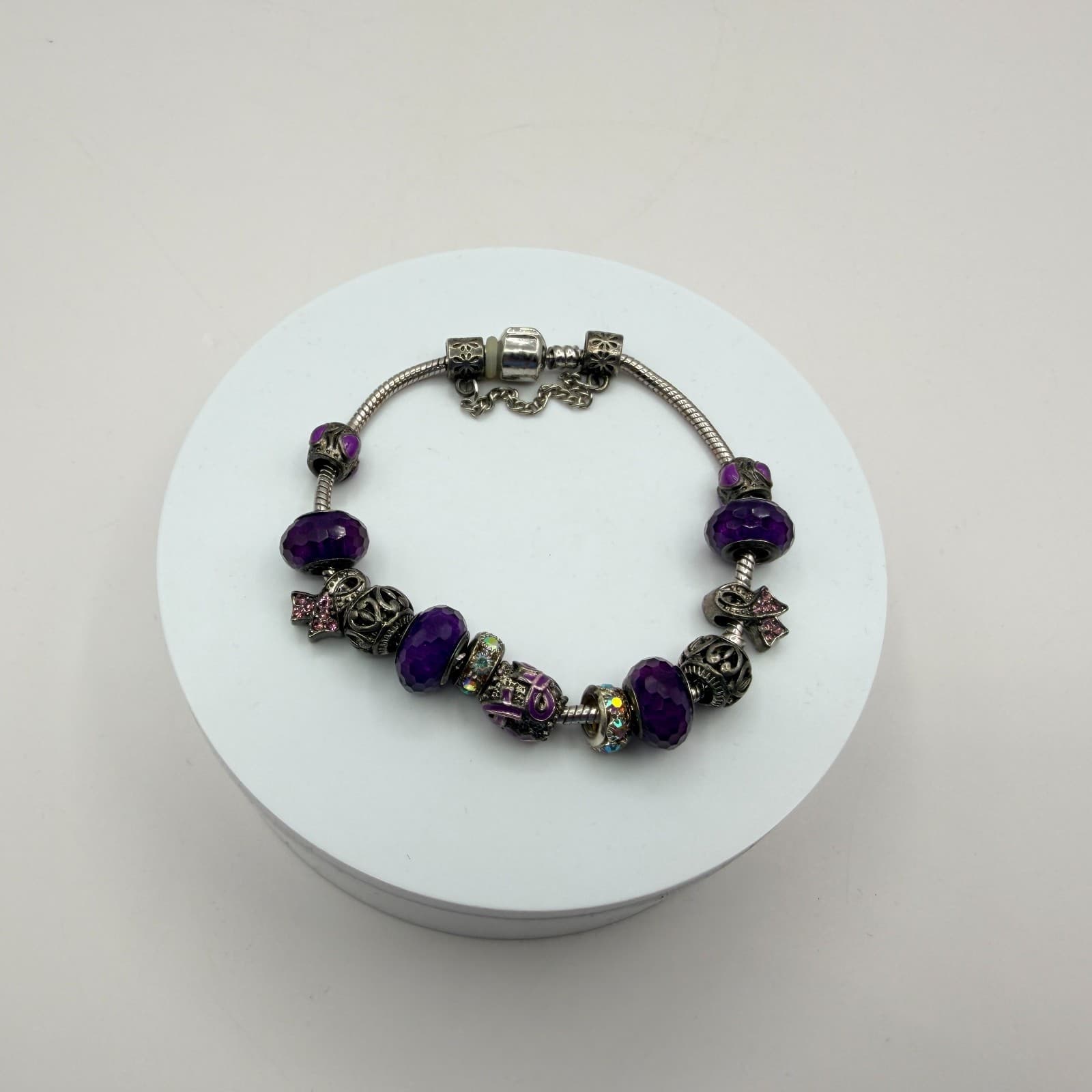 Vintage Silver Tone Charm Bracelet Purple Faceted Beads Y2K 90s Style Statement - Thumbnail 6
