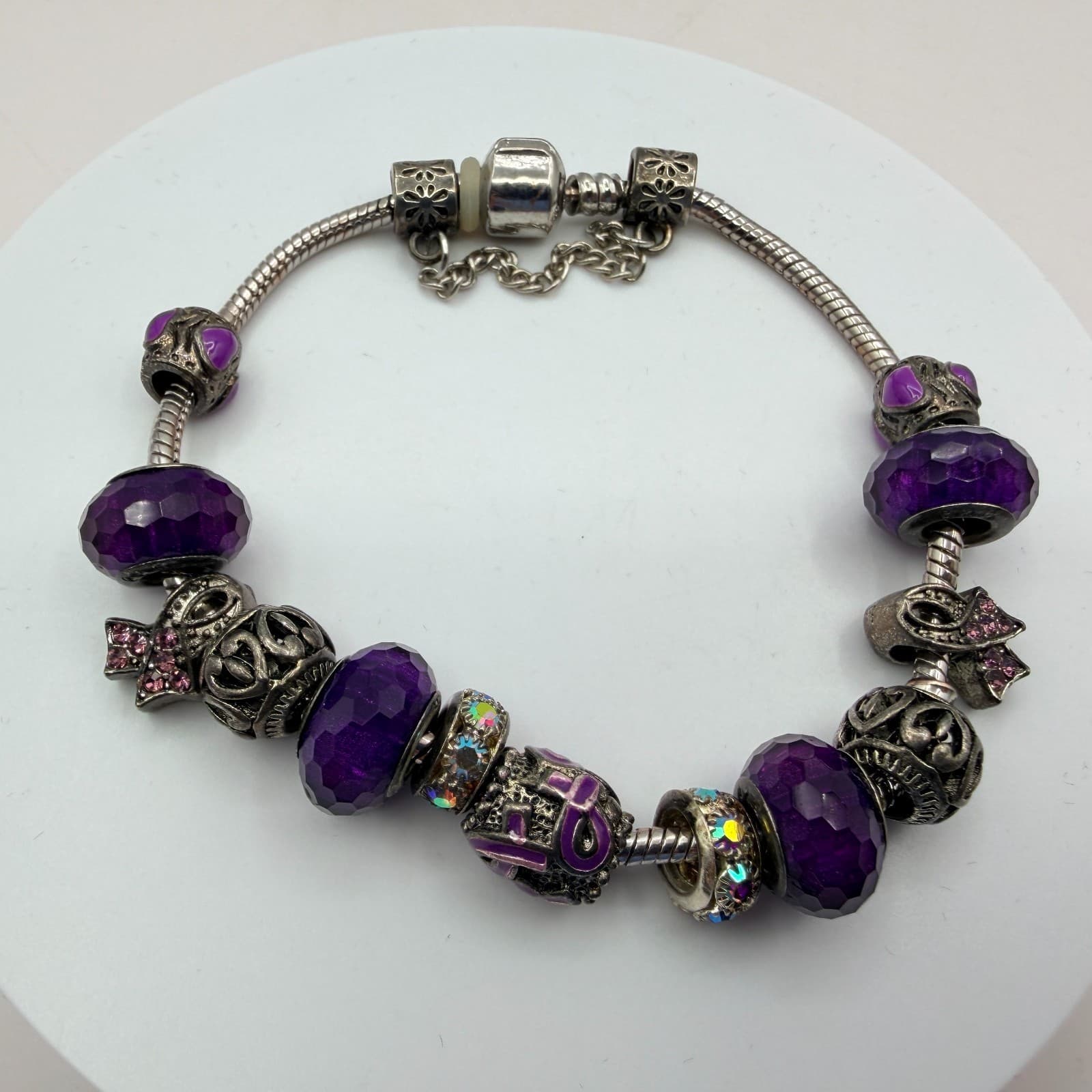 Vintage Silver Tone Charm Bracelet Purple Faceted Beads Y2K 90s Style Statement - Thumbnail 3
