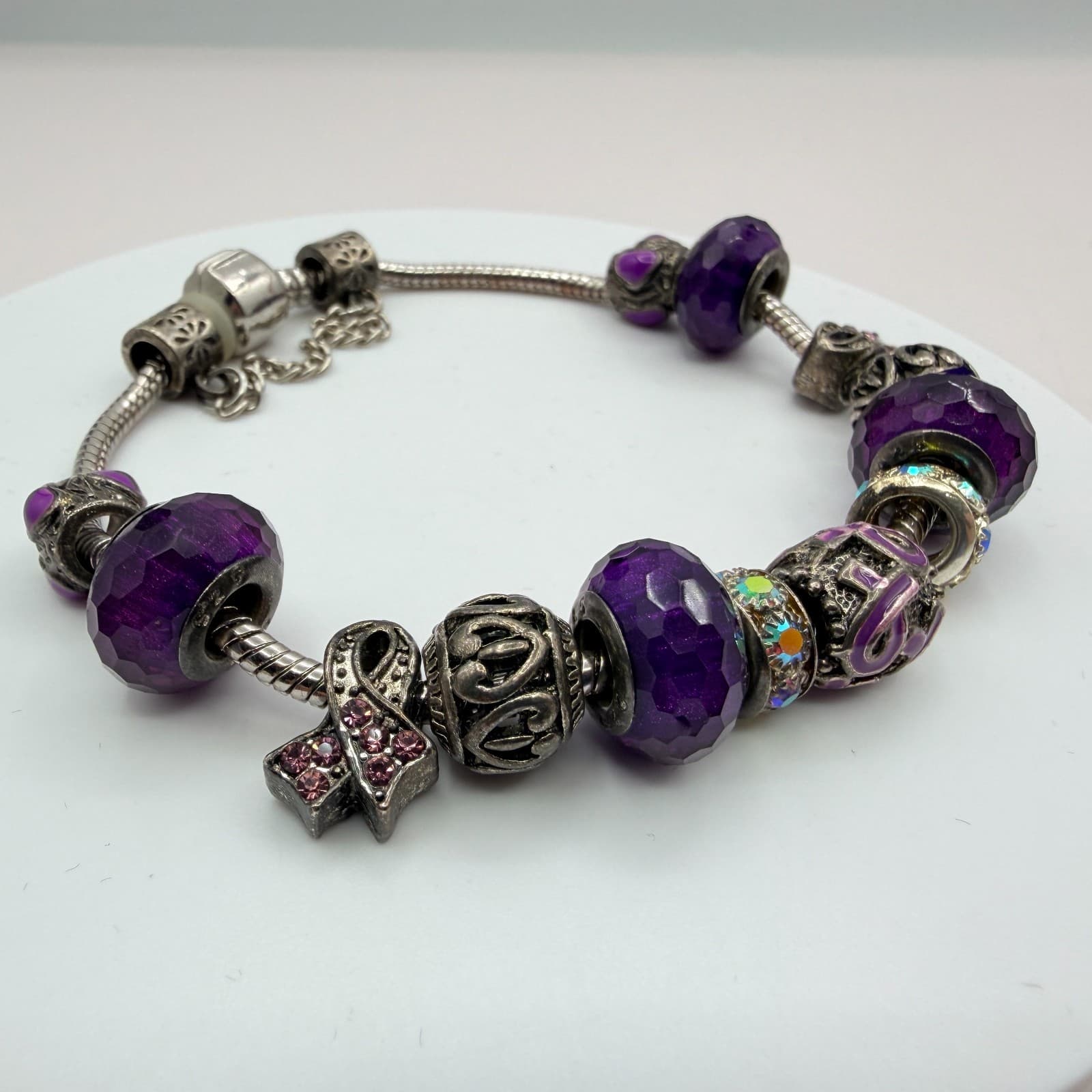 Vintage Silver Tone Charm Bracelet Purple Faceted Beads Y2K 90s Style Statement - Thumbnail 2