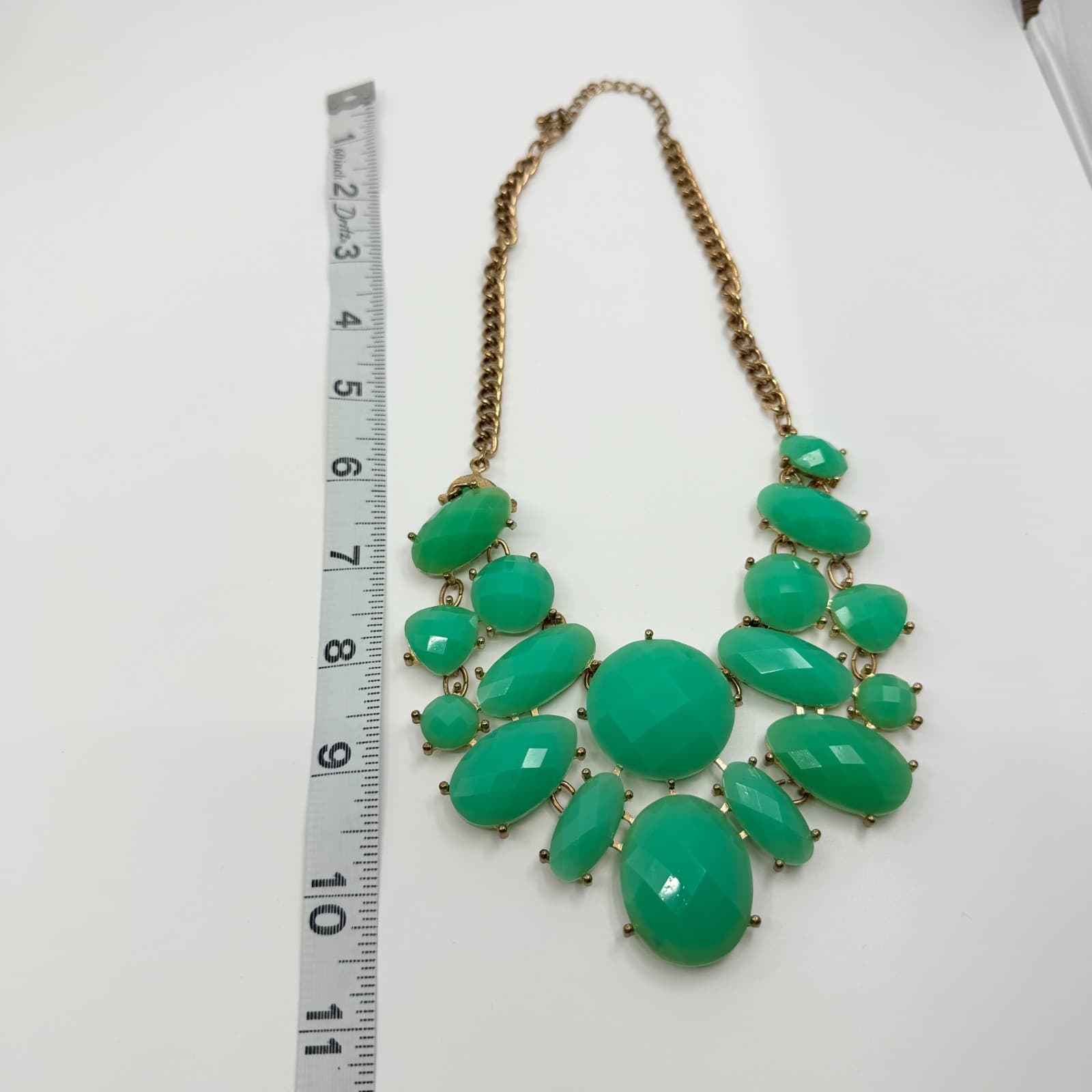 Vintage Gold Tone Mint Green Bib Necklace Faceted Stone Chunky Statement Y2K - Thumbnail 10