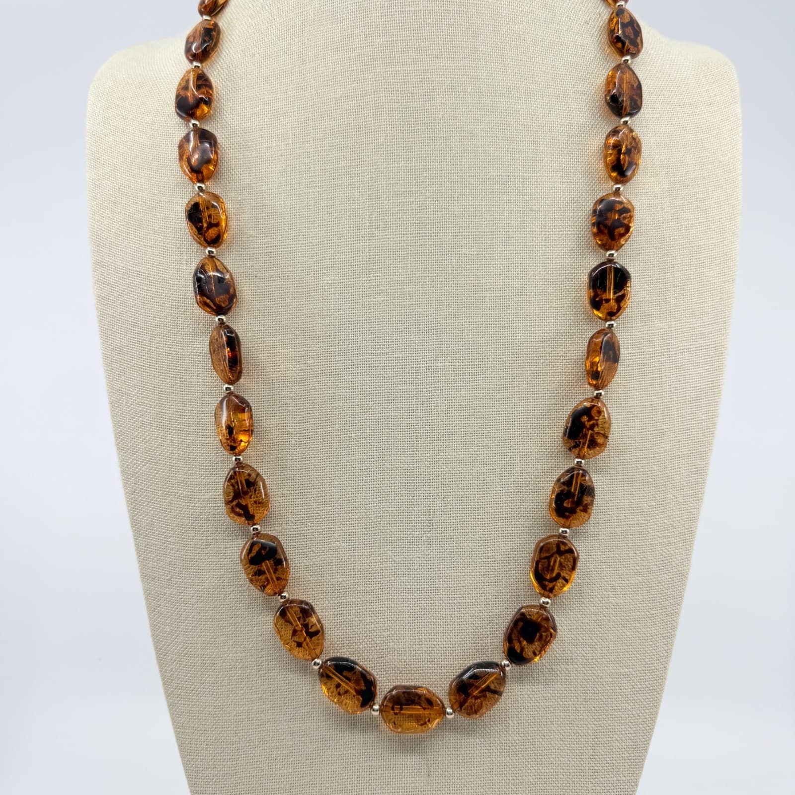 Vintage Amber Tone Tortoise Shell Pattern Bead Necklace Long Retro Minimalist - Thumbnail 2