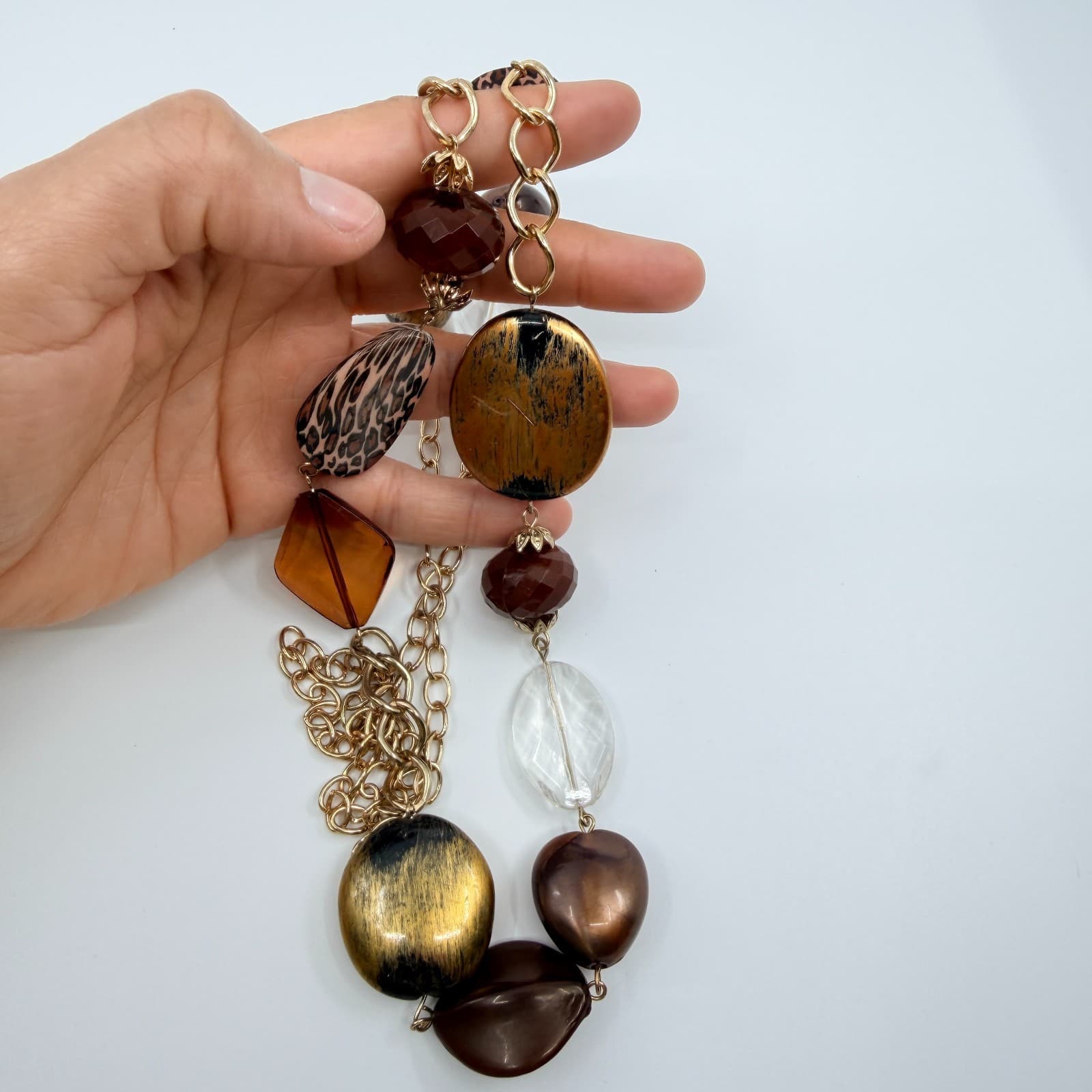 Vintage Gold Tone Long Beaded Necklace Animal Print Leopard Statement Boho 90s - Thumbnail 7