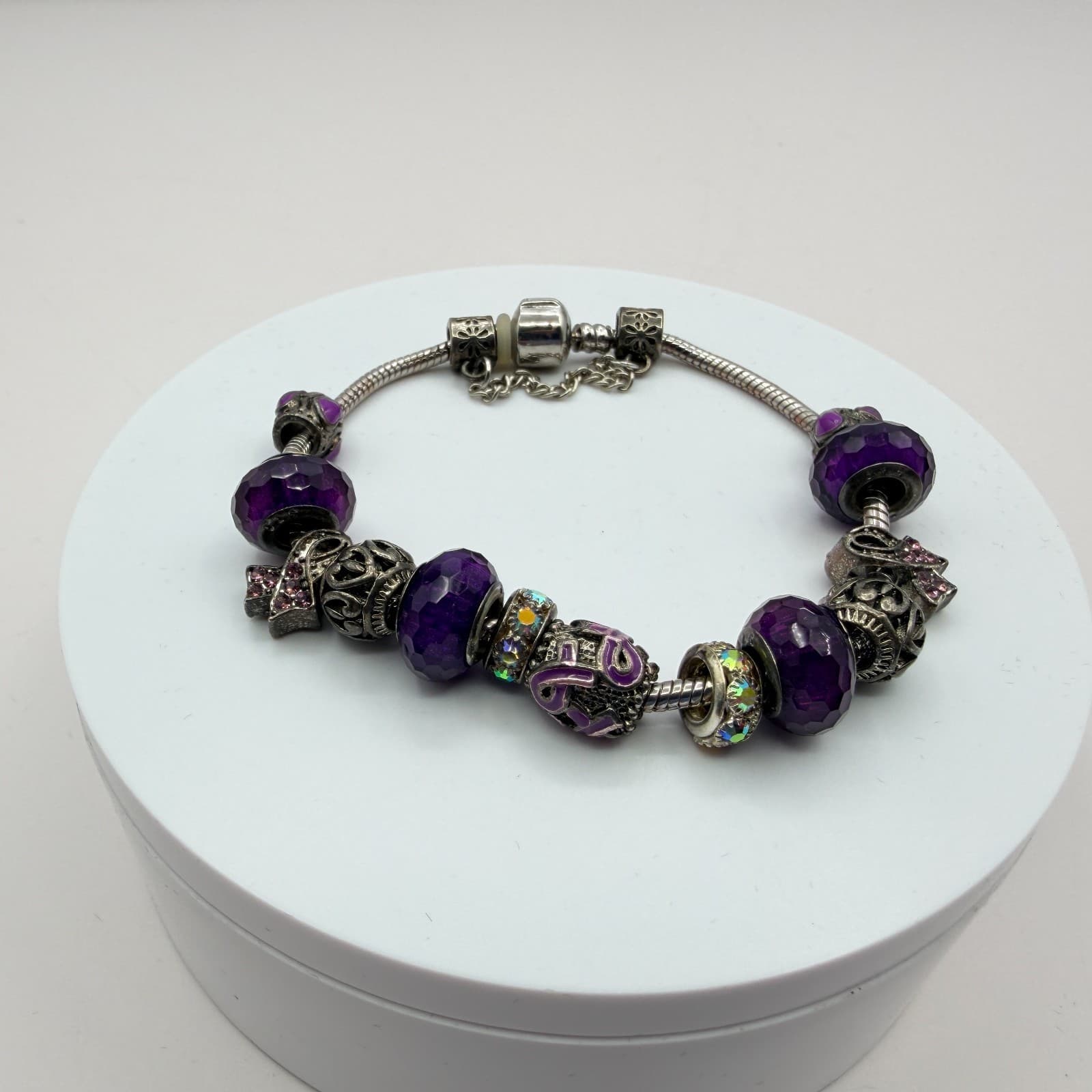 Vintage Silver Tone Charm Bracelet Purple Faceted Beads Y2K 90s Style Statement - Thumbnail 9