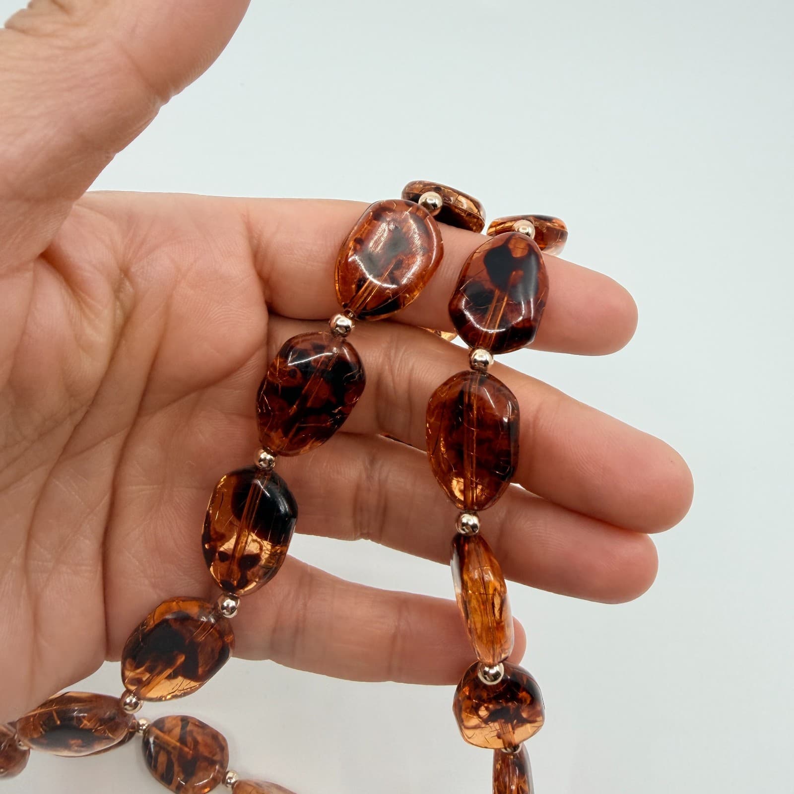 Vintage Amber Tone Tortoise Shell Pattern Bead Necklace Long Retro Minimalist - Thumbnail 7