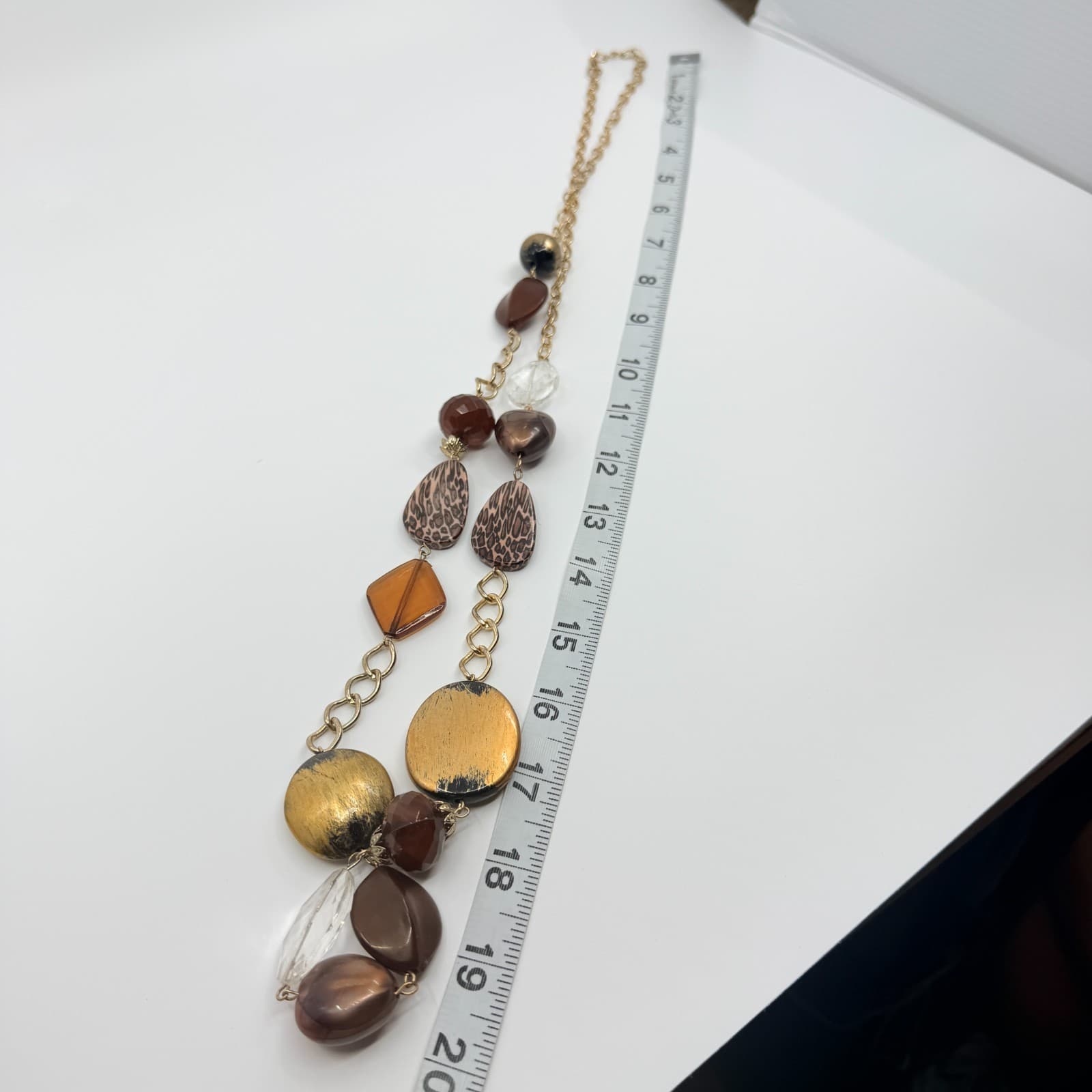 Vintage Gold Tone Long Beaded Necklace Animal Print Leopard Statement Boho 90s - Thumbnail 8