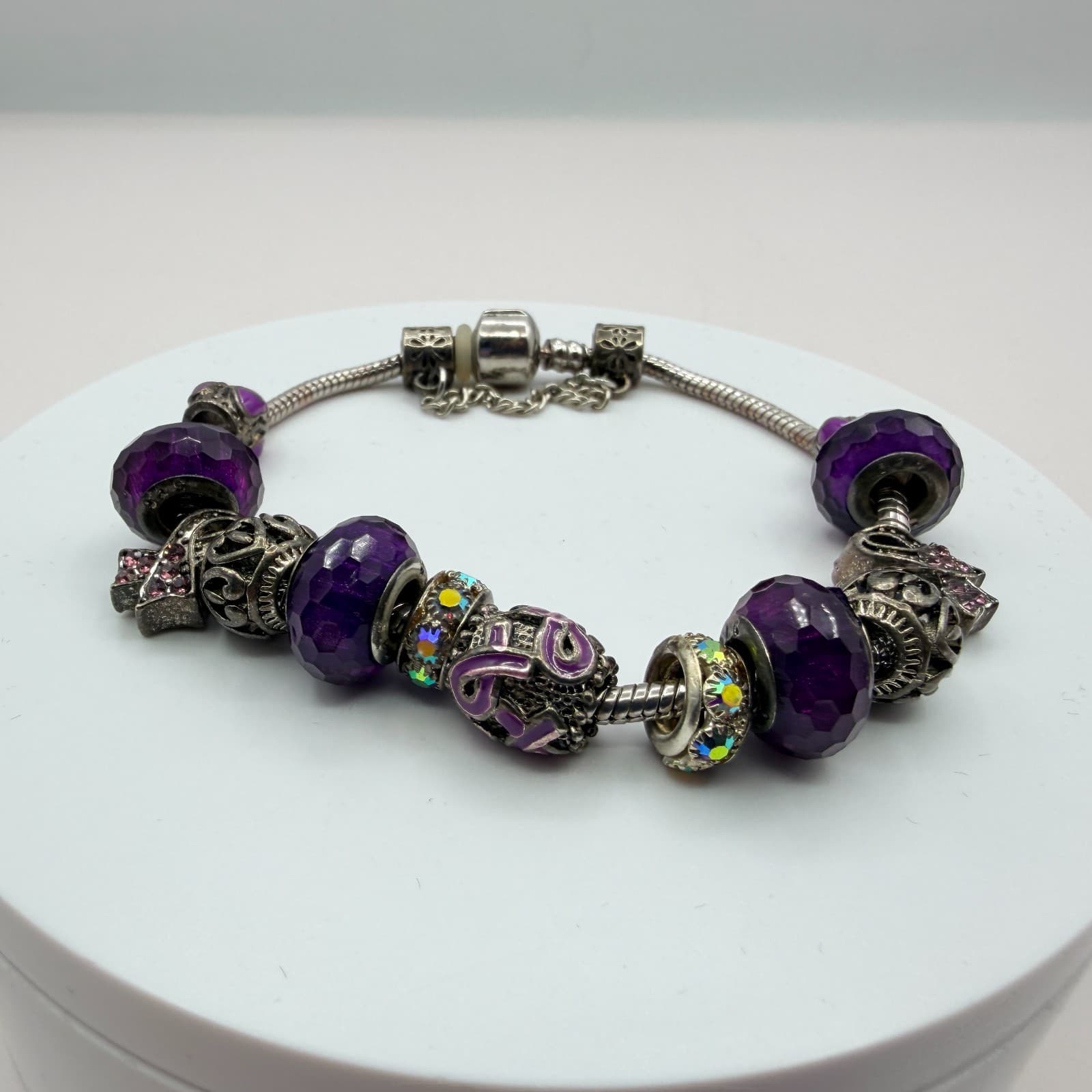 Vintage Silver Tone Charm Bracelet Purple Faceted Beads Y2K 90s Style Statement - Thumbnail 7