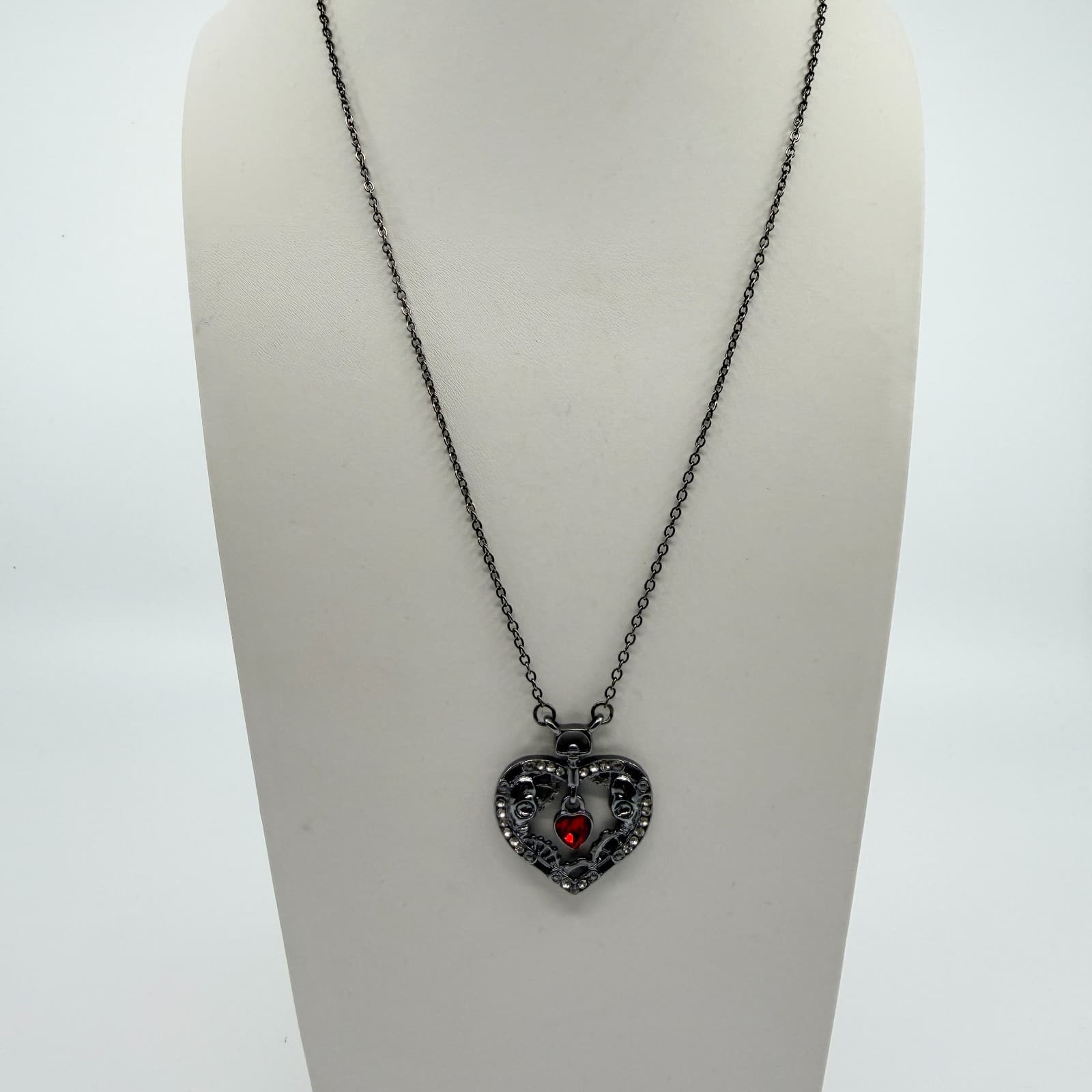 Vintage Gothic Steampunk Heart Pendant Necklace Gunmetal Tone Red Skulls Gears - Thumbnail 3
