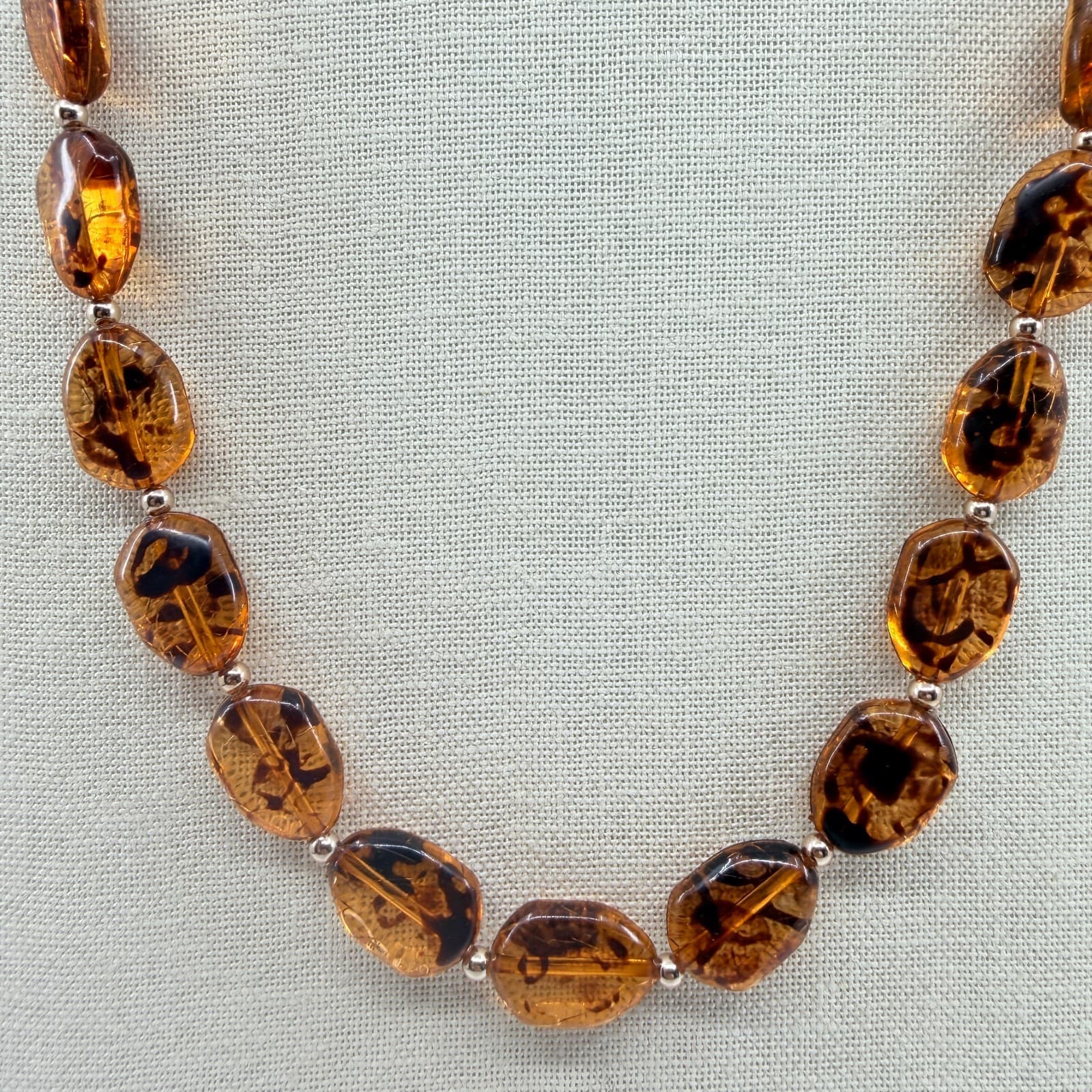 Vintage Amber Tone Tortoise Shell Pattern Bead Necklace Long Retro Minimalist - Thumbnail 3