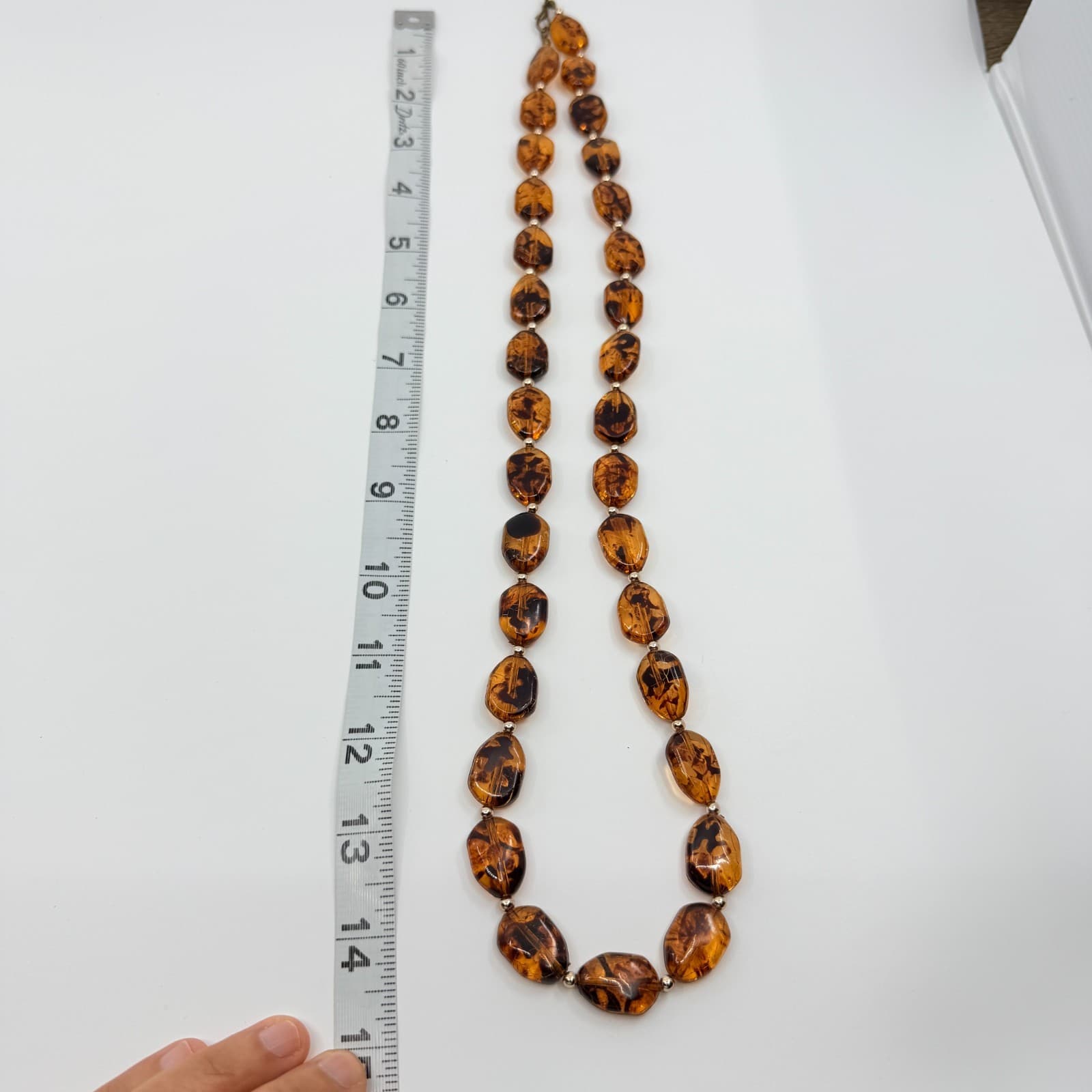 Vintage Amber Tone Tortoise Shell Pattern Bead Necklace Long Retro Minimalist - Thumbnail 8