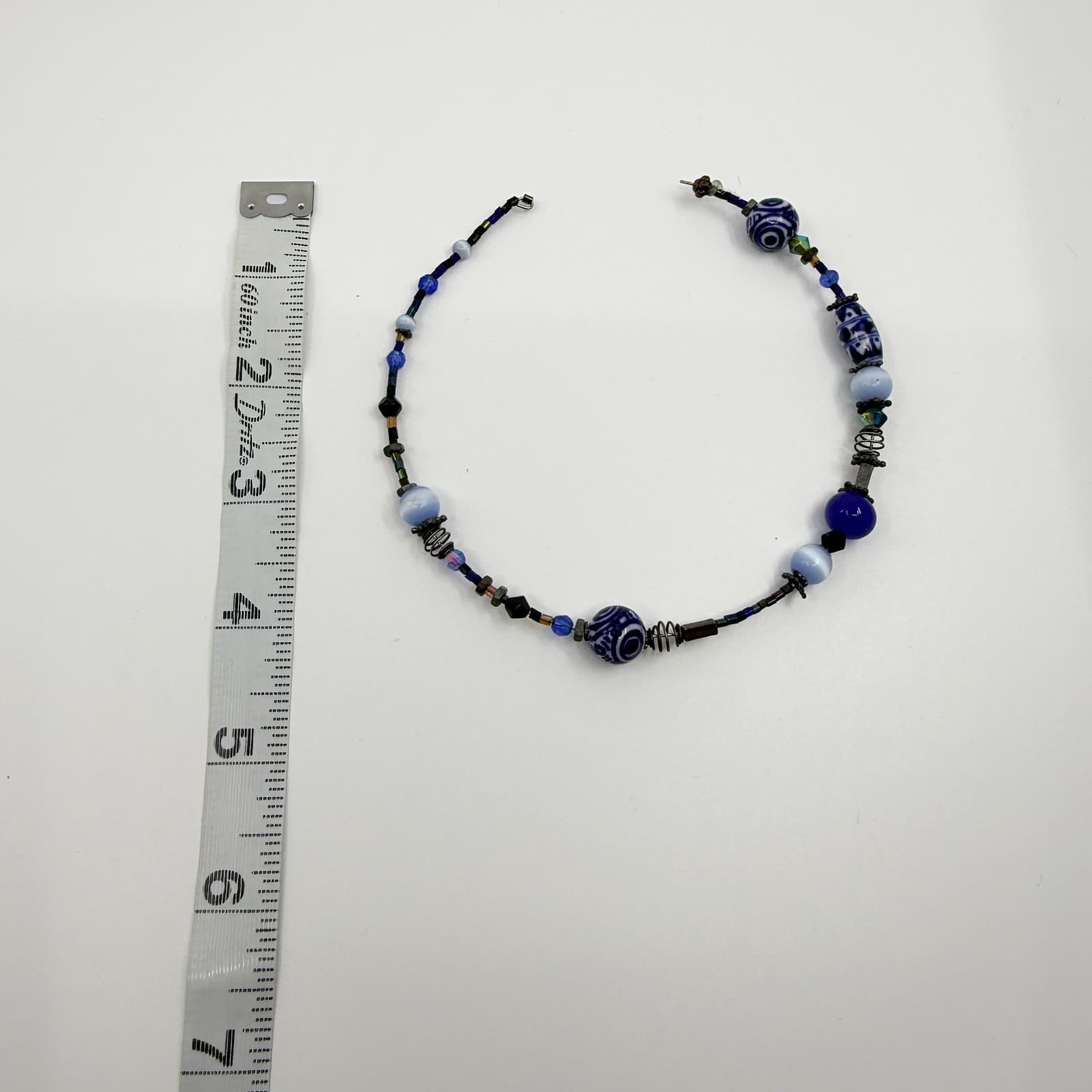 Vintage Artisan Blue Glass Beaded Necklace Asymmetrical Boho Eclectic Artsy Y2K - Thumbnail 7
