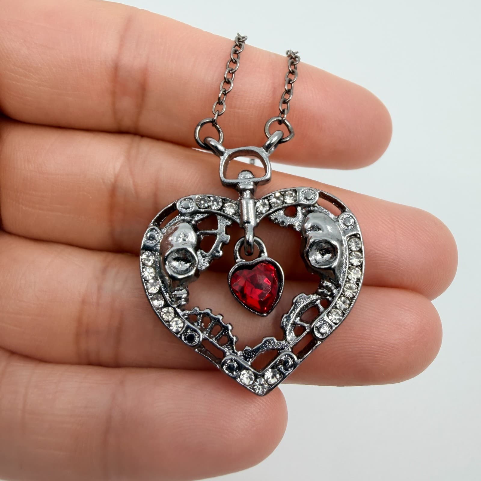 Vintage Gothic Steampunk Heart Pendant Necklace Gunmetal Tone Red Skulls Gears - Thumbnail 7
