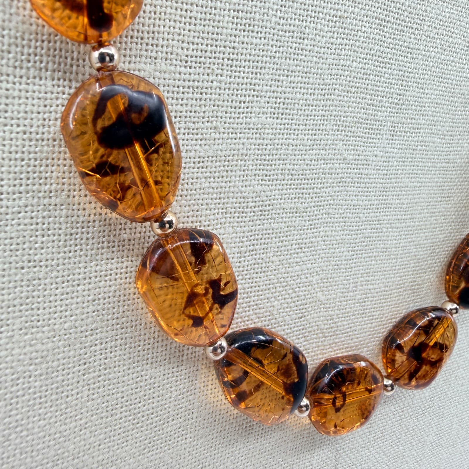 Vintage Amber Tone Tortoise Shell Pattern Bead Necklace Long Retro Minimalist - Thumbnail 4