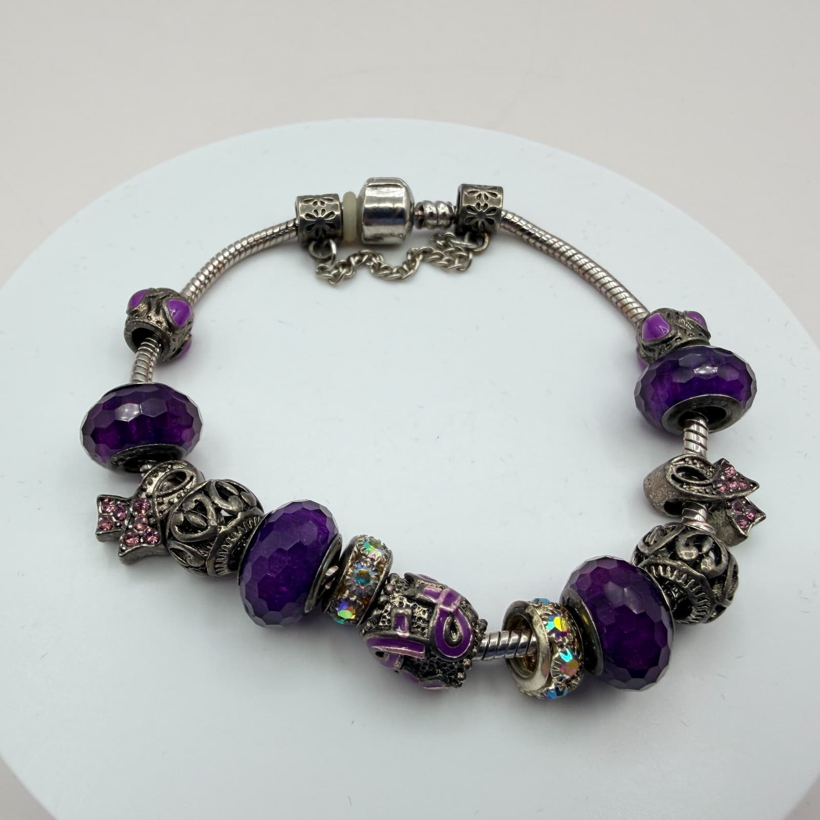 Vintage Silver Tone Charm Bracelet Purple Faceted Beads Y2K 90s Style Statement - Thumbnail 8