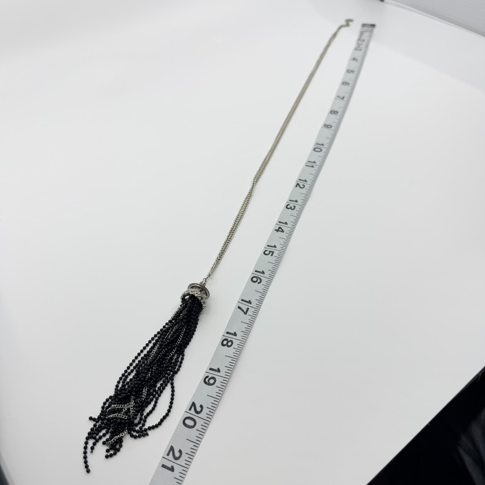 Vintage Silver Tone Black Beaded Tassel Pendant Necklace Long Boho Statement - Thumbnail 5