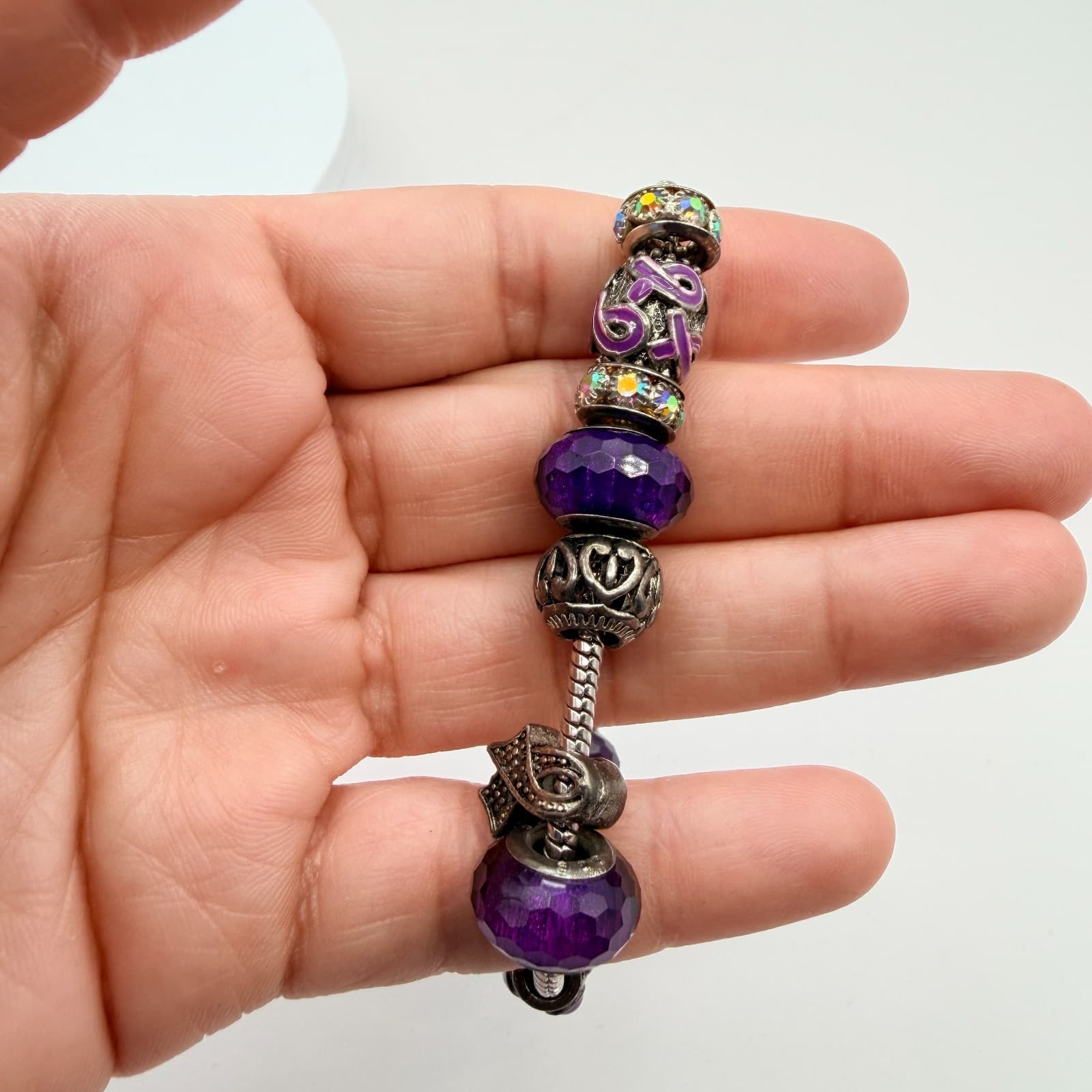 Vintage Silver Tone Charm Bracelet Purple Faceted Beads Y2K 90s Style Statement - Thumbnail 10