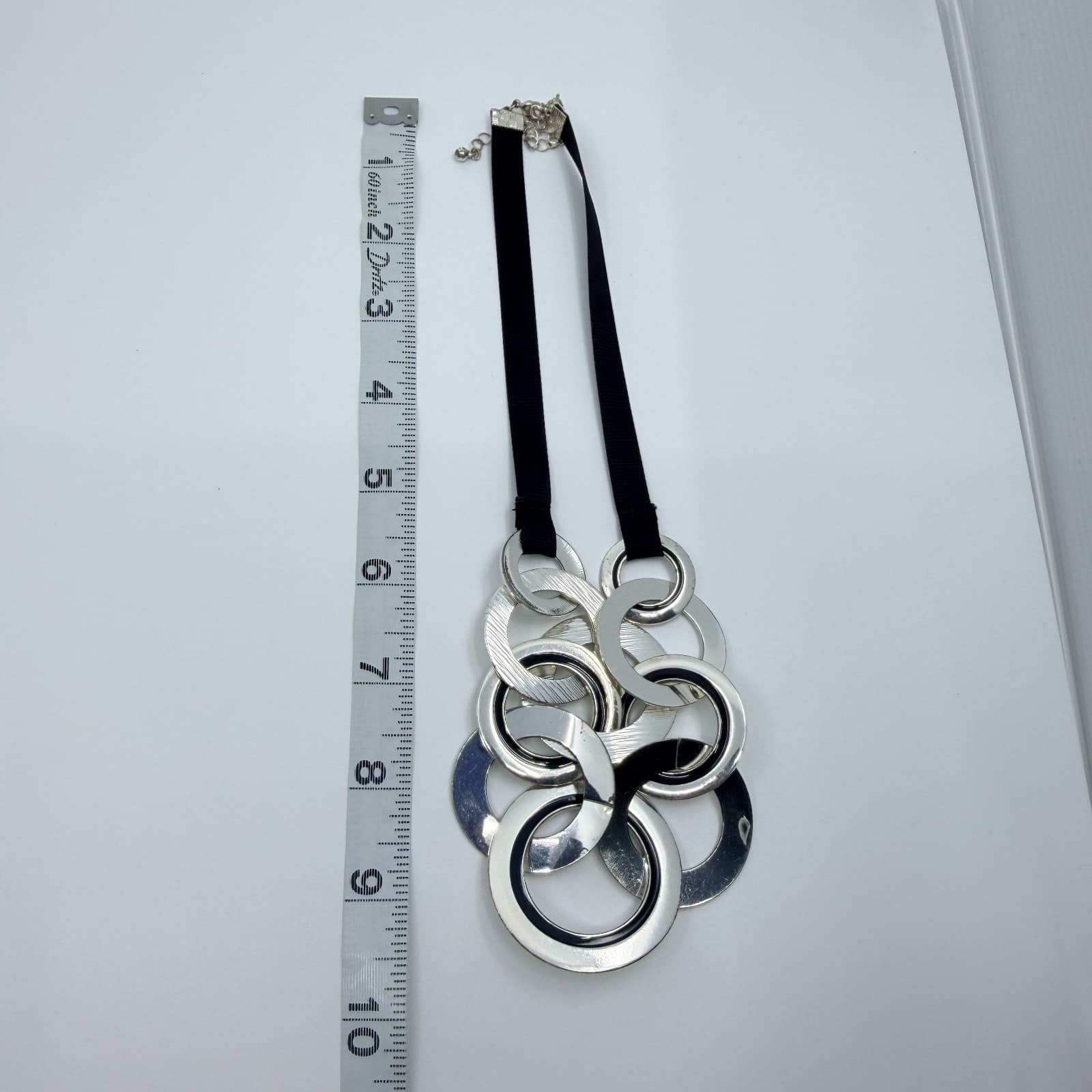 Vintage Silver Tone Black Geometric Circle Bib Statement Necklace Ribbon Retro - Thumbnail 9