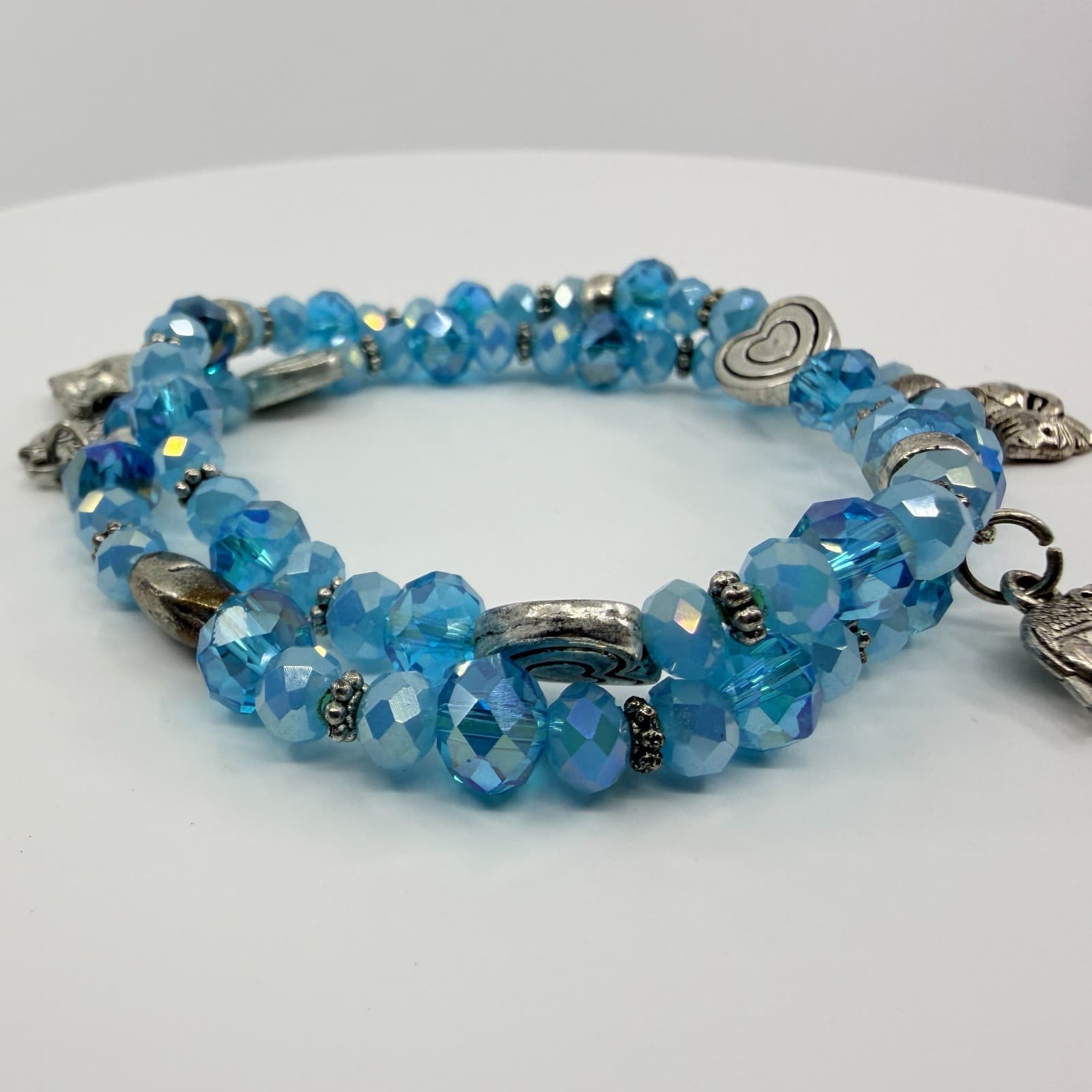 Vintage Blue Crystal Beaded Jewelry Set Elephant Charm Bracelet Dangle Earrings - Thumbnail 3