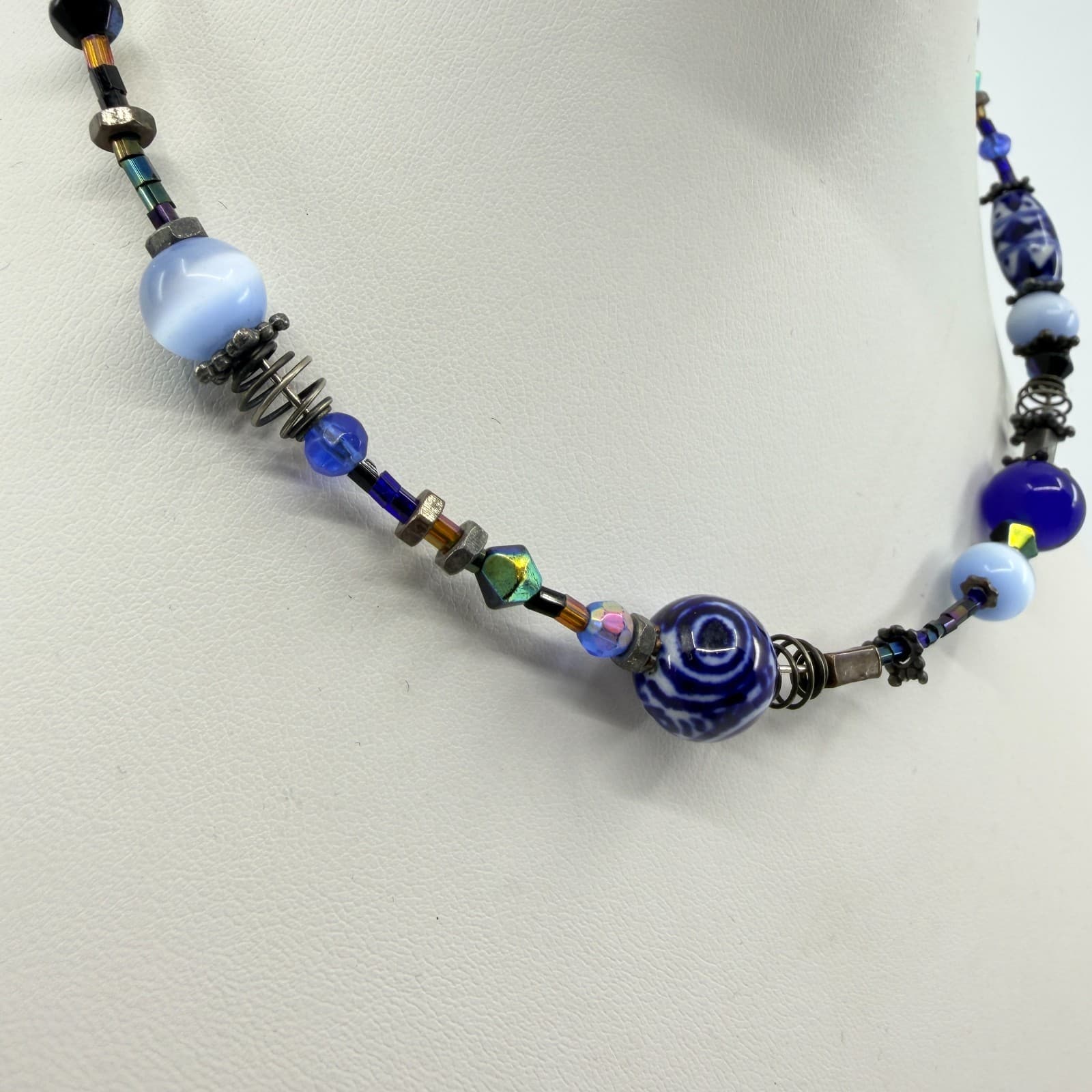 Vintage Artisan Blue Glass Beaded Necklace Asymmetrical Boho Eclectic Artsy Y2K - Thumbnail 2