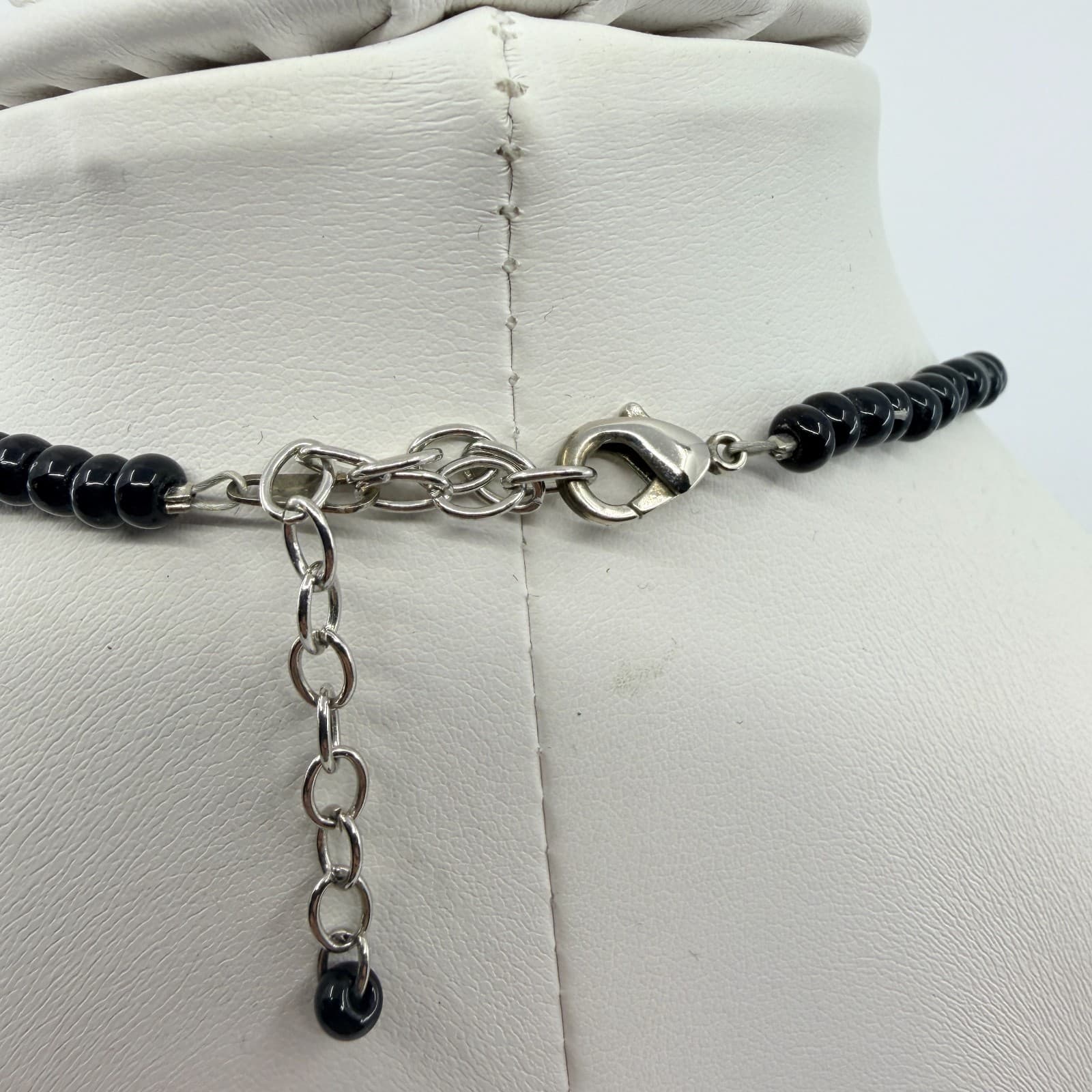 Vintage Silver Tone Black Gray Inlay Teardrop Pendant Necklace Beaded Boho Y2K - Thumbnail 6