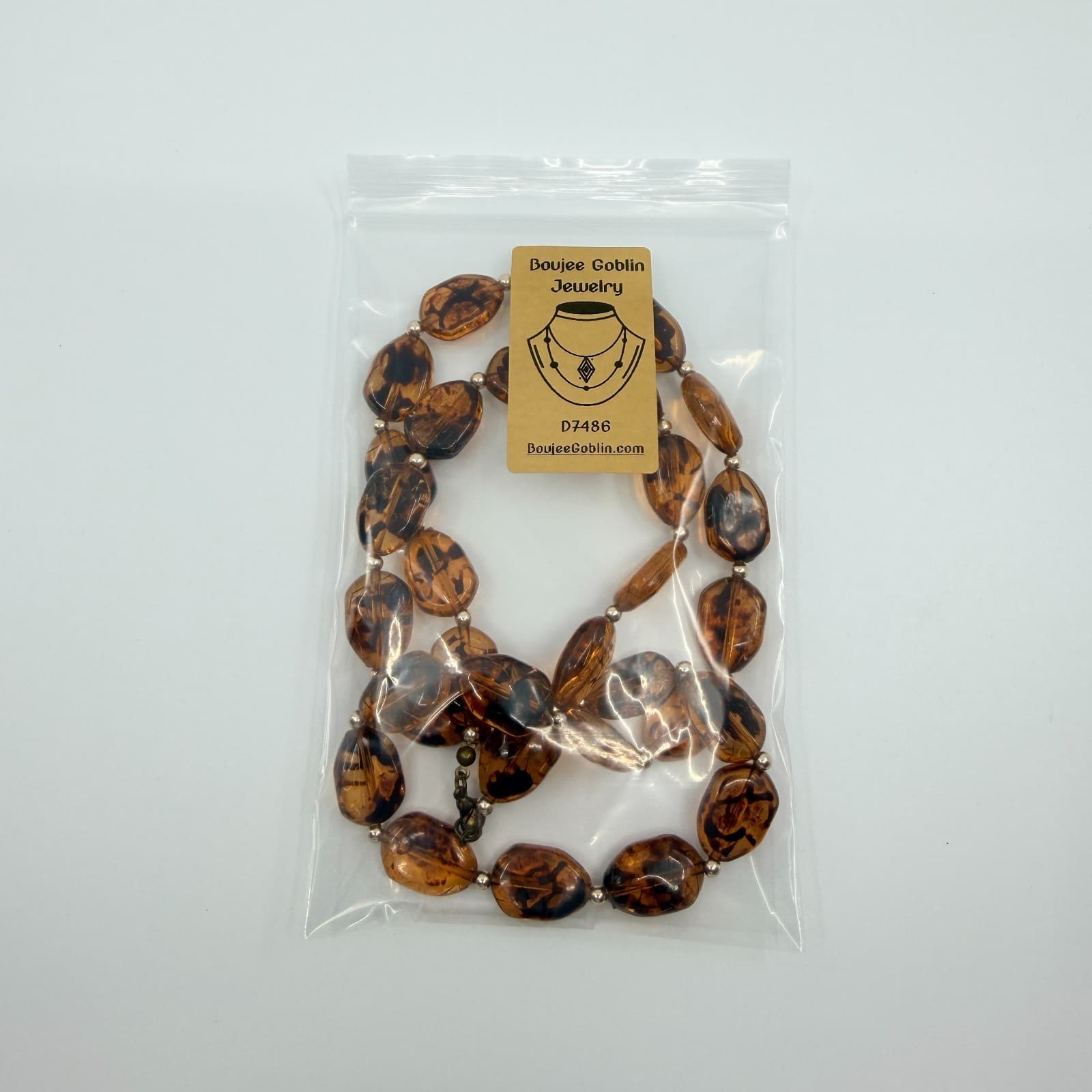 Vintage Amber Tone Tortoise Shell Pattern Bead Necklace Long Retro Minimalist - Thumbnail 9