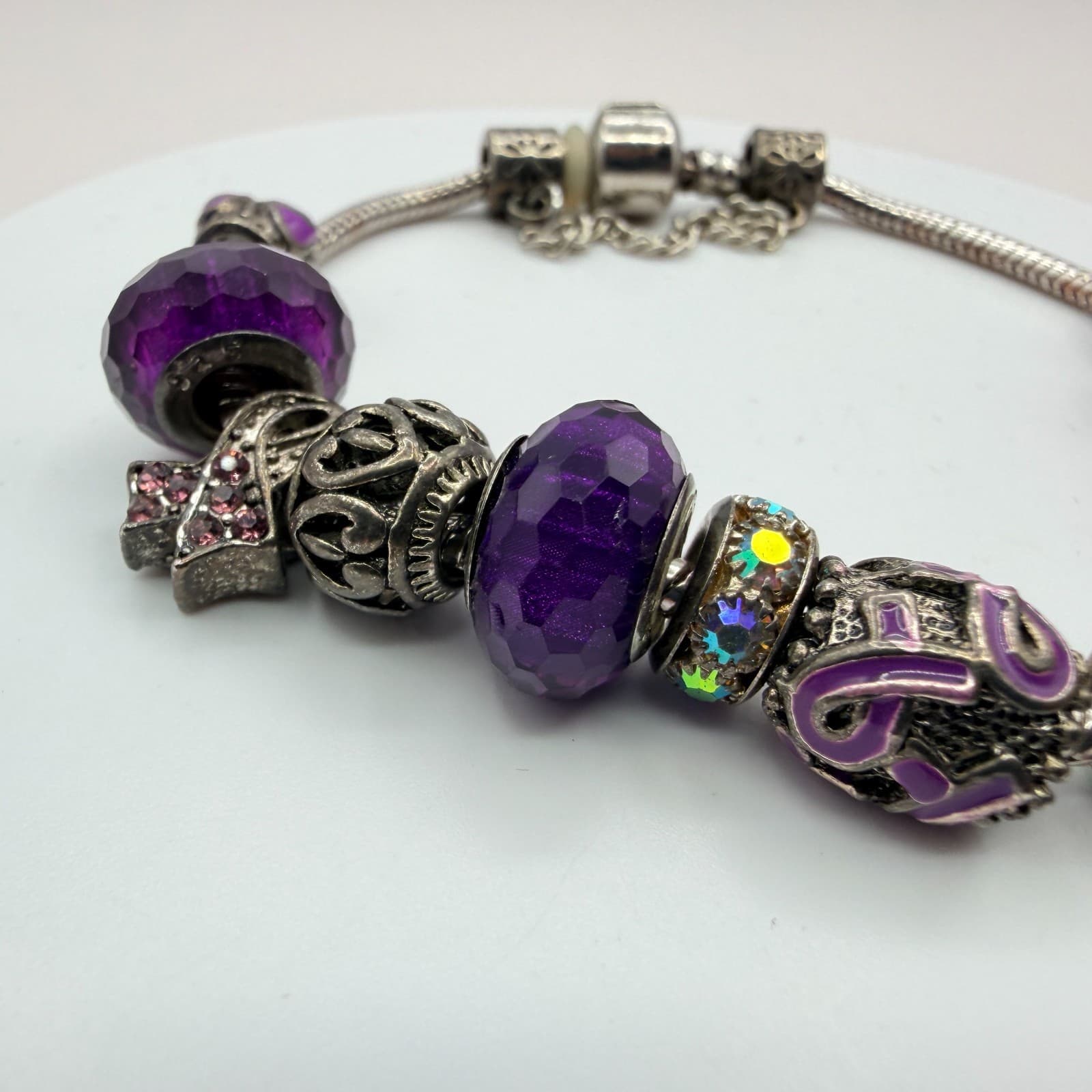 Vintage Silver Tone Charm Bracelet Purple Faceted Beads Y2K 90s Style Statement - Thumbnail 4