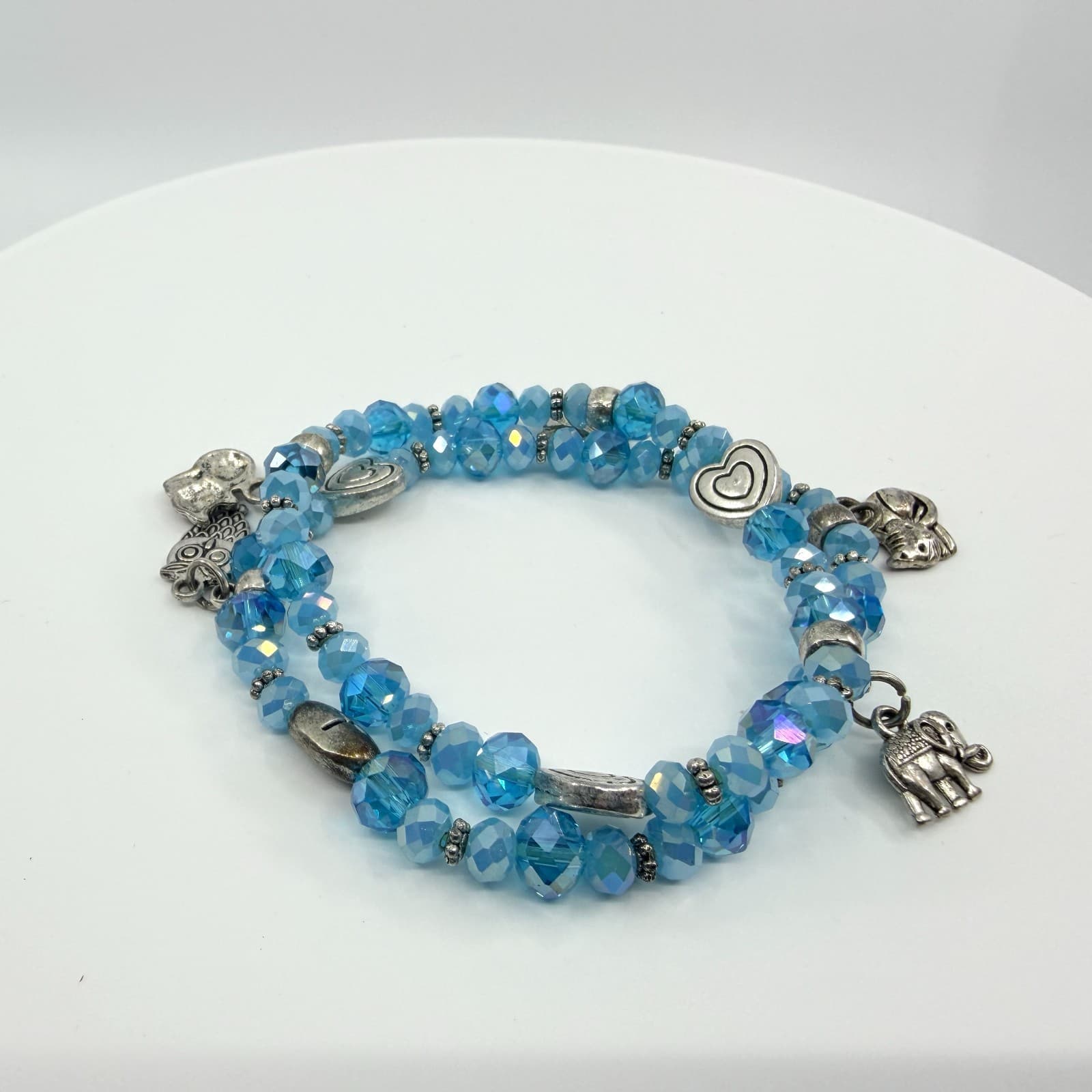 Vintage Blue Crystal Beaded Jewelry Set Elephant Charm Bracelet Dangle Earrings - Thumbnail 2