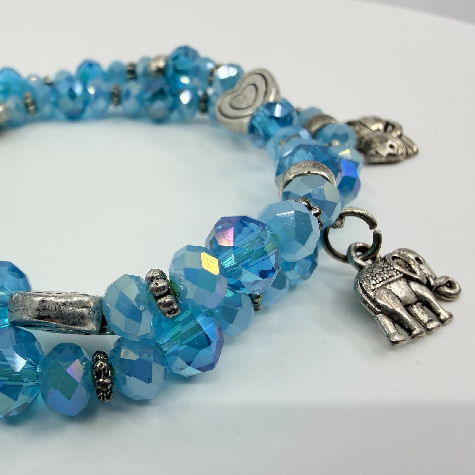 Vintage Blue Crystal Beaded Jewelry Set Elephant Charm Bracelet Dangle Earrings - Thumbnail 4