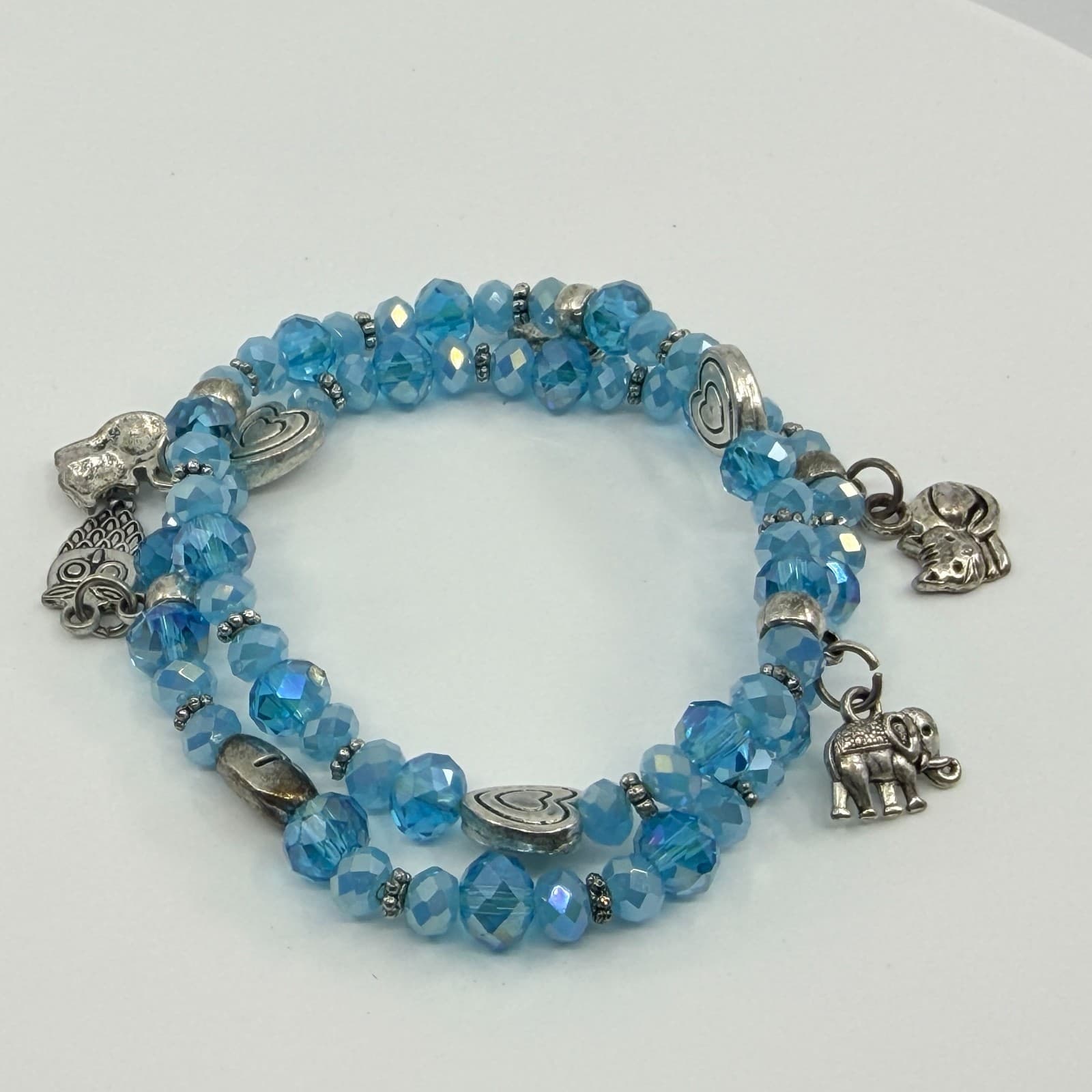 Vintage Blue Crystal Beaded Jewelry Set Elephant Charm Bracelet Dangle Earrings - Thumbnail 5