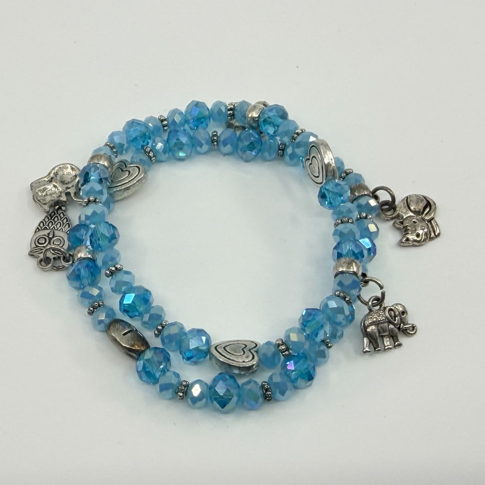 Vintage Blue Crystal Beaded Jewelry Set Elephant Charm Bracelet Dangle Earrings - Thumbnail 6