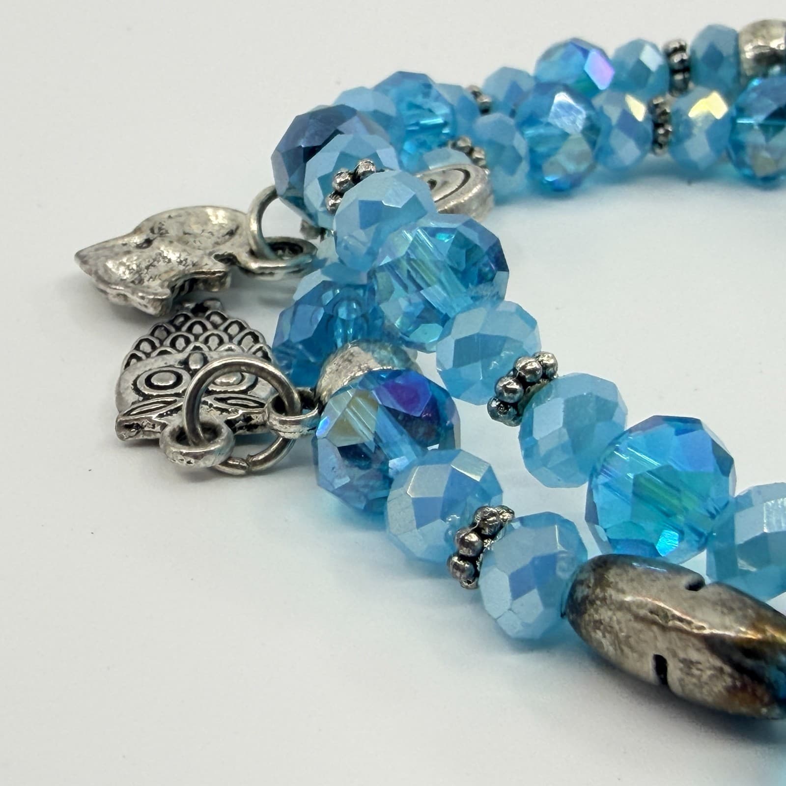 Vintage Blue Crystal Beaded Jewelry Set Elephant Charm Bracelet Dangle Earrings - Thumbnail 7