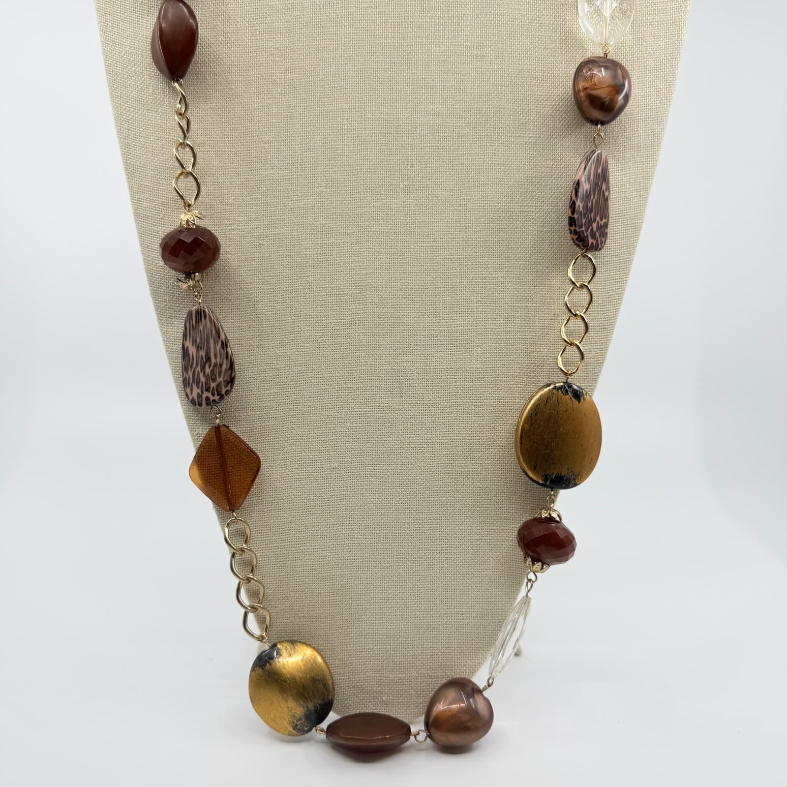 Vintage Gold Tone Long Beaded Necklace Animal Print Leopard Statement Boho 90s - Thumbnail 2