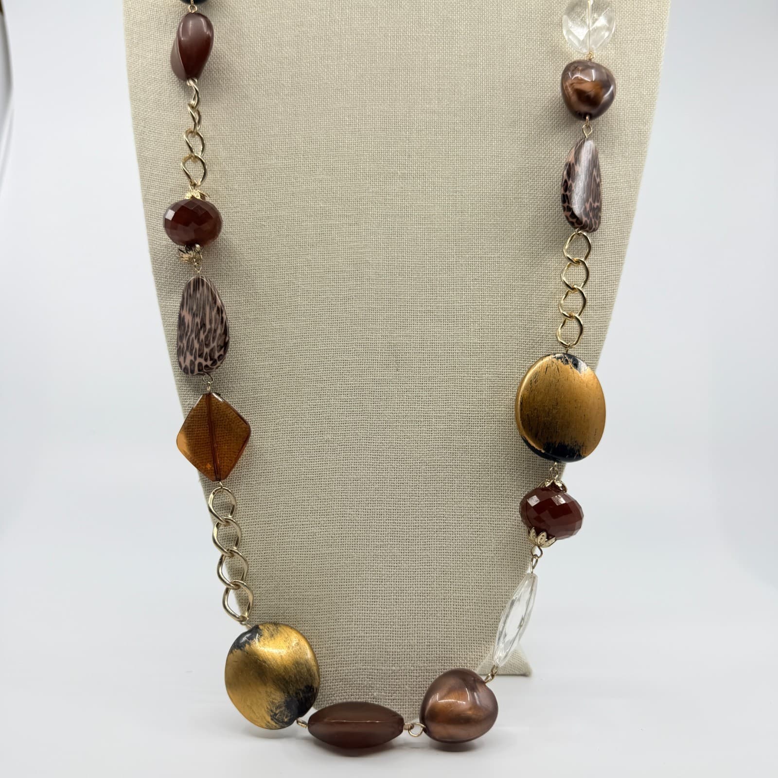 Vintage Gold Tone Long Beaded Necklace Animal Print Leopard Statement Boho 90s - Thumbnail 3