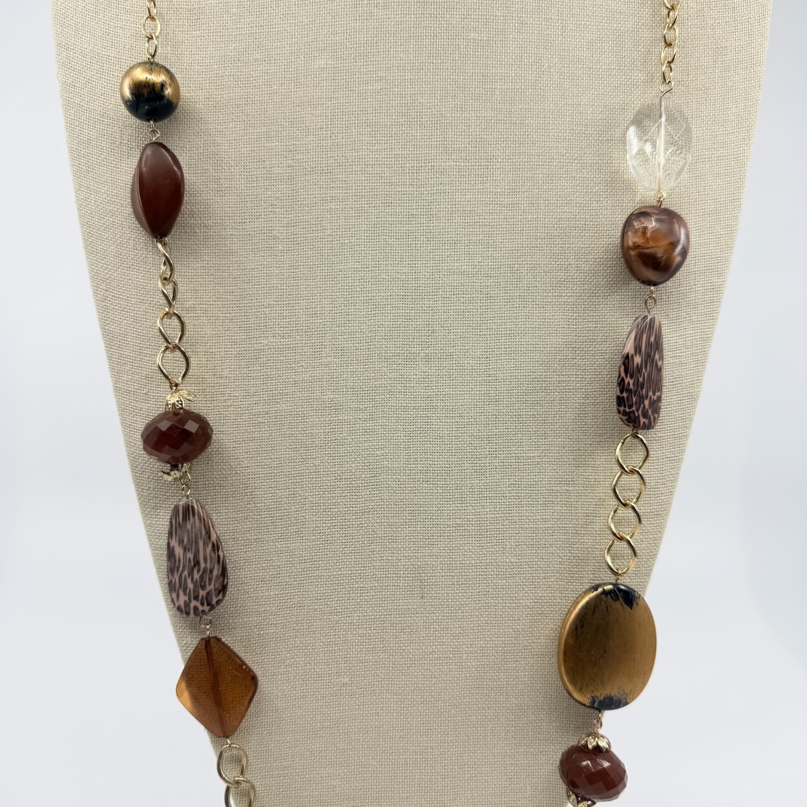 Vintage Gold Tone Long Beaded Necklace Animal Print Leopard Statement Boho 90s - Thumbnail 4