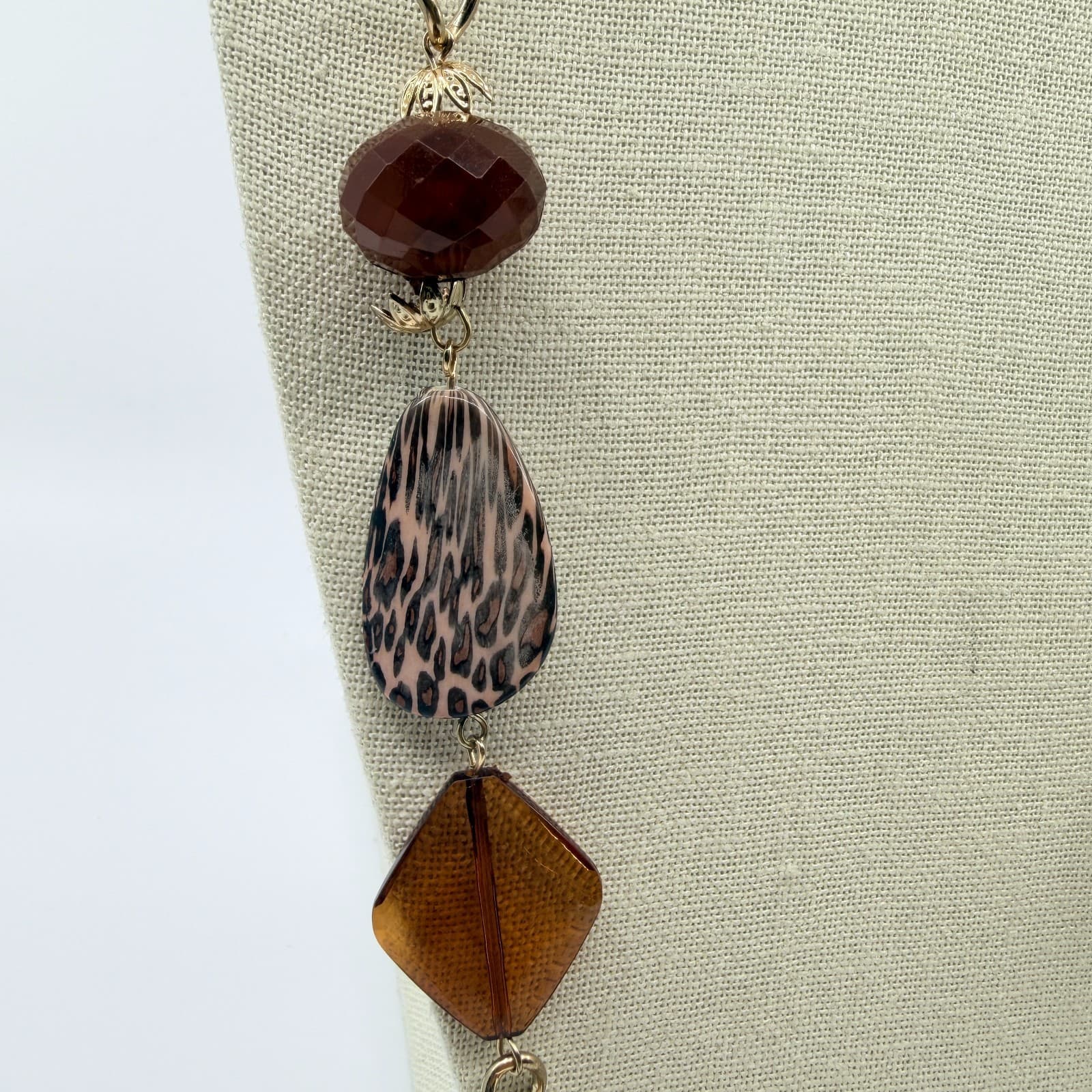 Vintage Gold Tone Long Beaded Necklace Animal Print Leopard Statement Boho 90s - Thumbnail 5