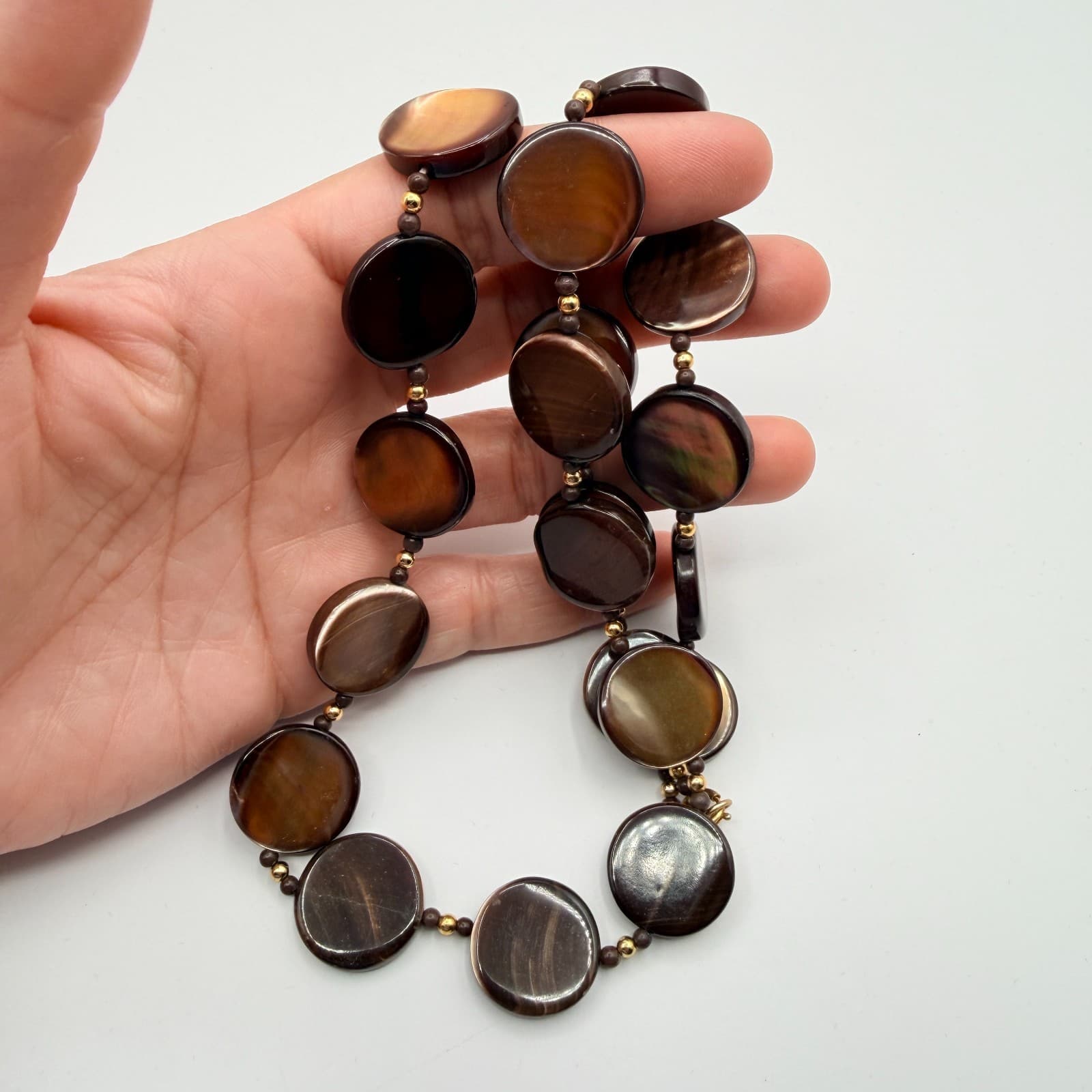 Vintage Golden Brown Shell Disc Necklace MOP Retro Boho 90s Chunky Statement - Thumbnail 5
