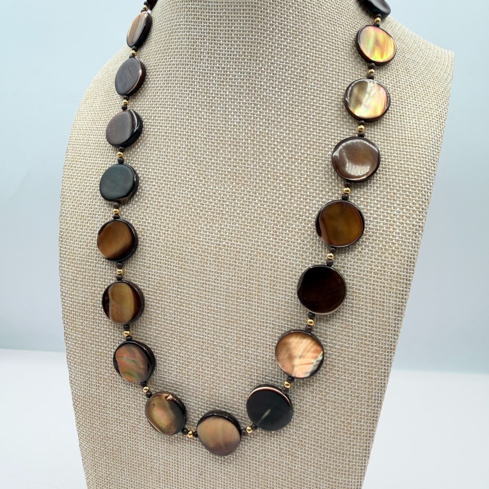 Vintage Golden Brown Shell Disc Necklace MOP Retro Boho 90s Chunky Statement - Thumbnail 6