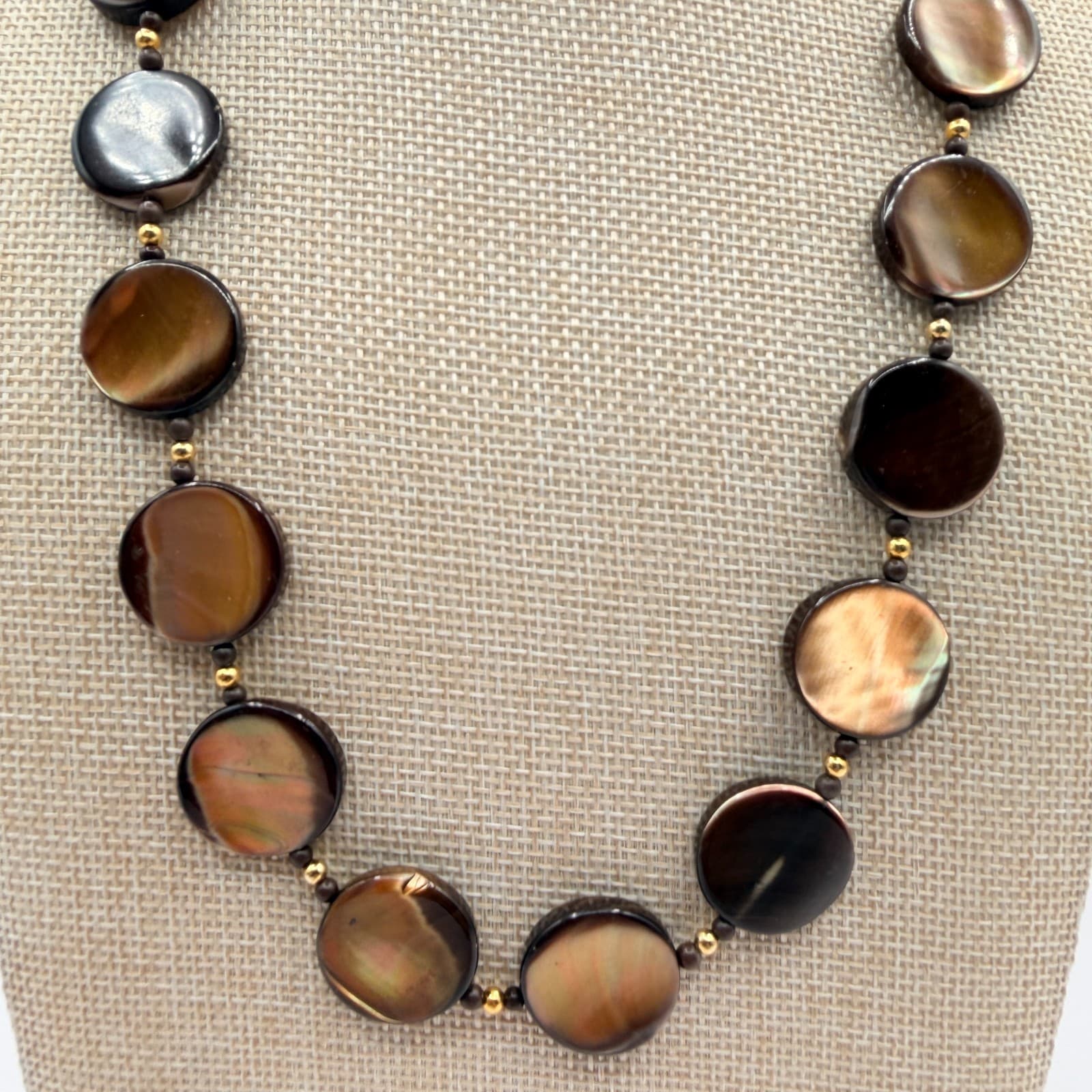 Vintage Golden Brown Shell Disc Necklace MOP Retro Boho 90s Chunky Statement - Thumbnail 7