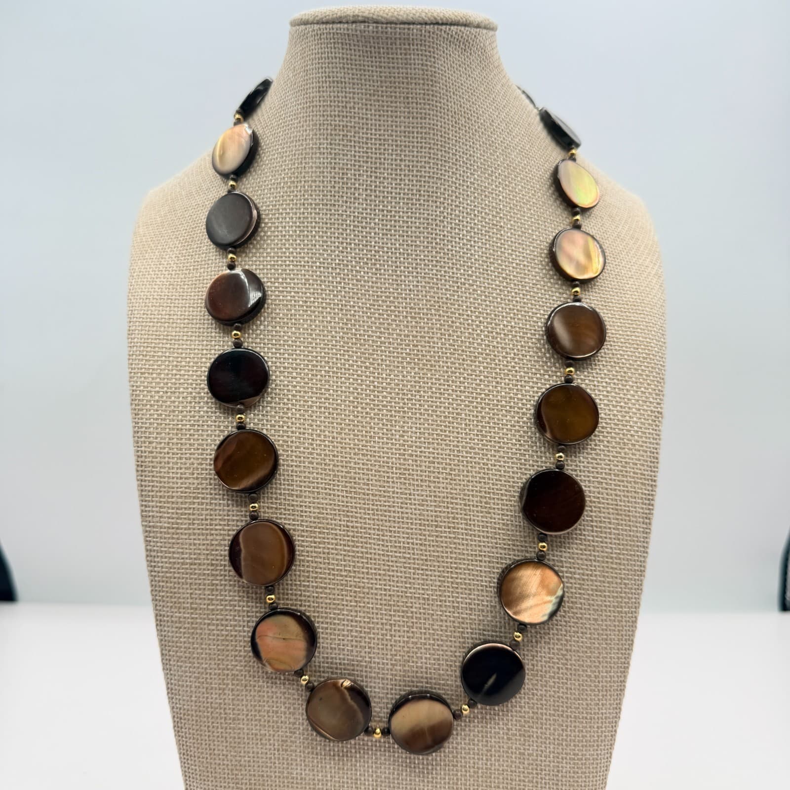 Vintage Golden Brown Shell Disc Necklace MOP Retro Boho 90s Chunky Statement - Thumbnail 9