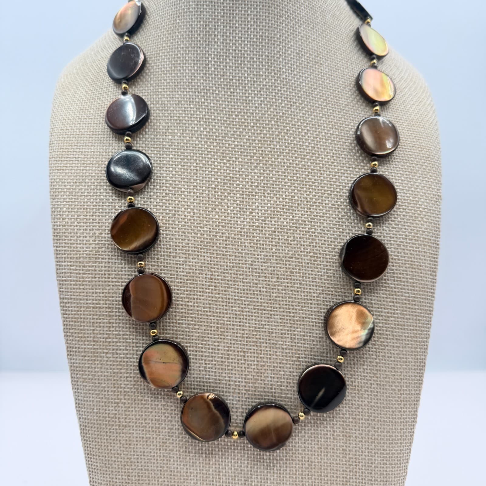 Vintage Golden Brown Shell Disc Necklace MOP Retro Boho 90s Chunky Statement - Thumbnail 10