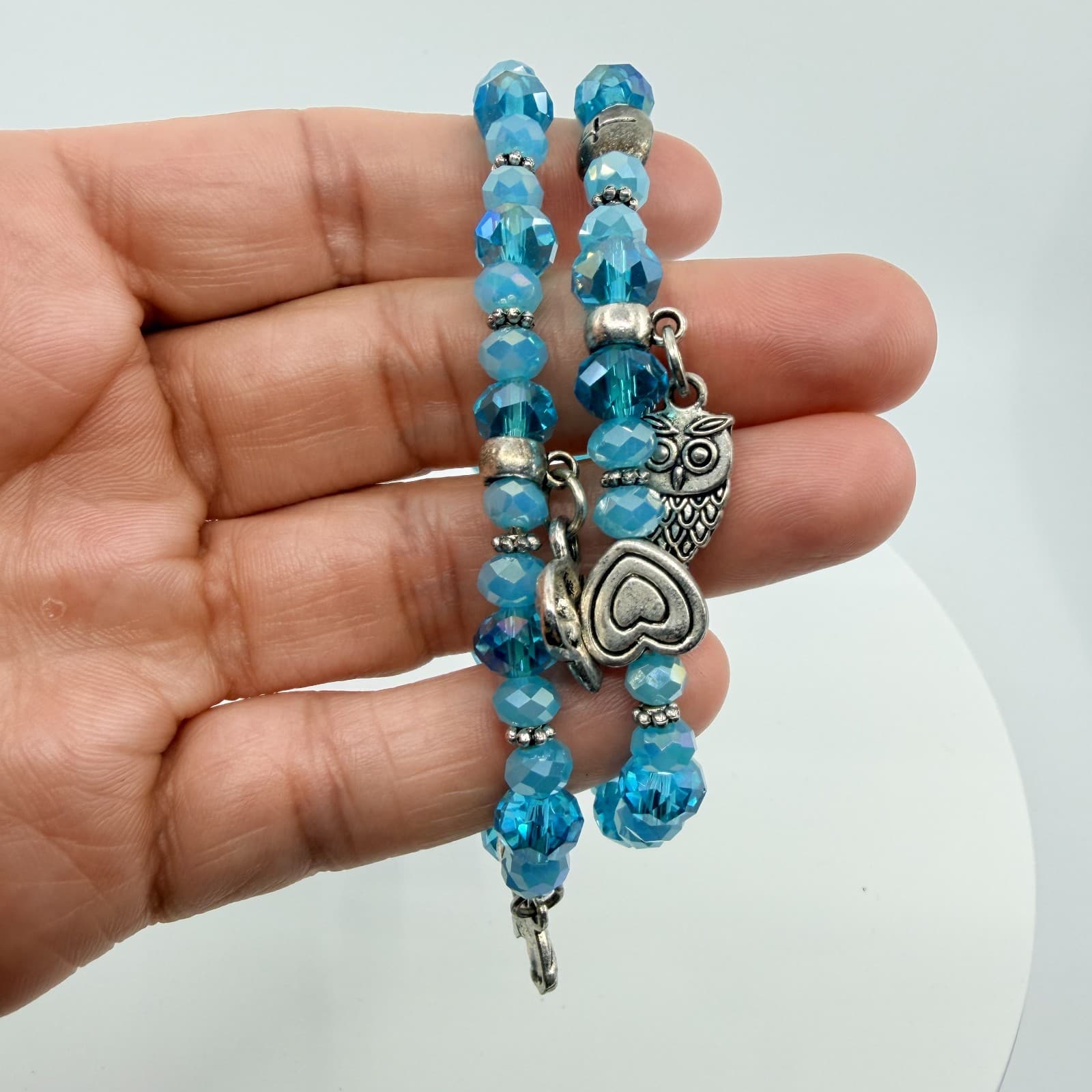 Vintage Blue Crystal Beaded Jewelry Set Elephant Charm Bracelet Dangle Earrings - Thumbnail 8