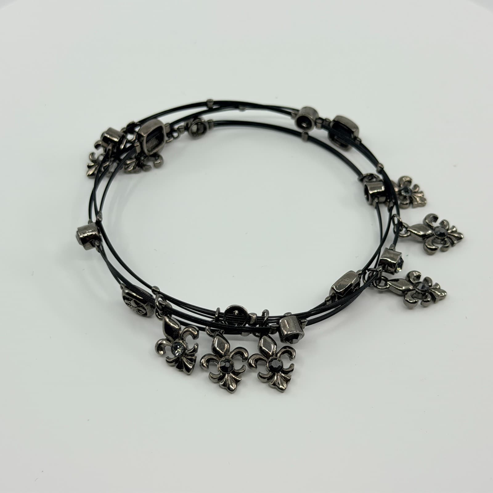 Vintage Gunmetal Tone Multi Strand Fleur De Lis Necklace Choker Boho Statement - Thumbnail 6