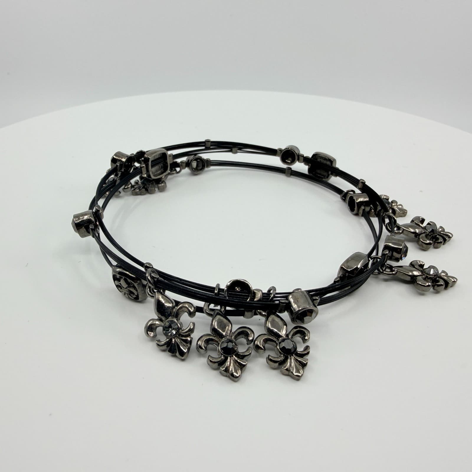 Vintage Gunmetal Tone Multi Strand Fleur De Lis Necklace Choker Boho Statement - Thumbnail 5