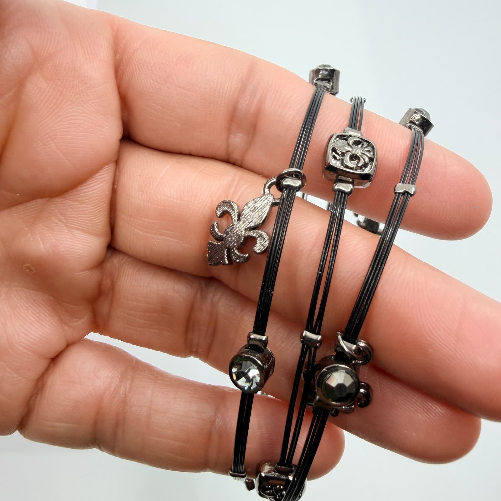 Vintage Gunmetal Tone Multi Strand Fleur De Lis Necklace Choker Boho Statement - Thumbnail 8