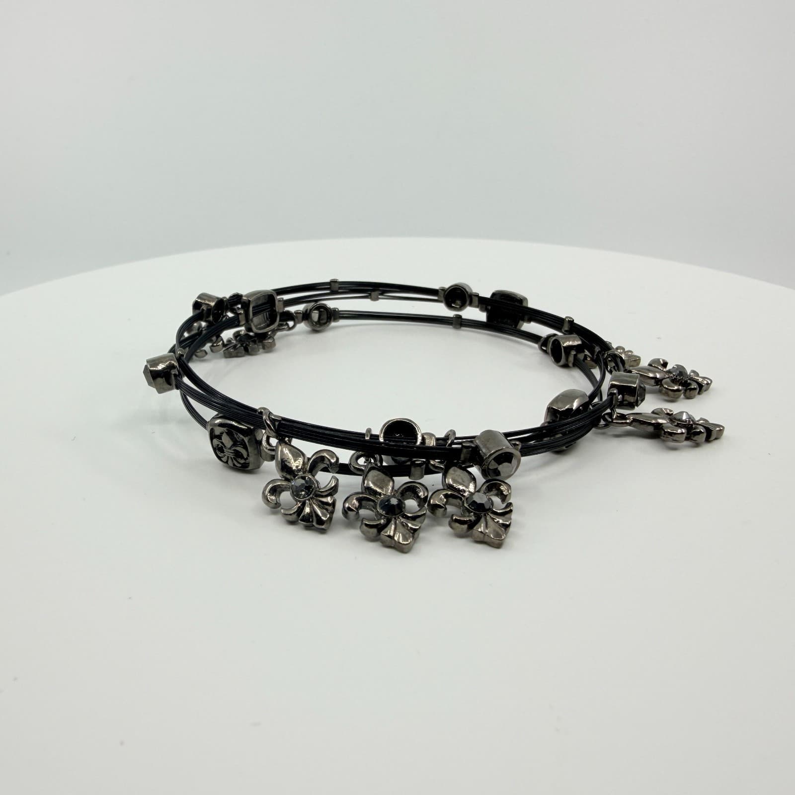 Vintage Gunmetal Tone Multi Strand Fleur De Lis Necklace Choker Boho Statement - Thumbnail 7