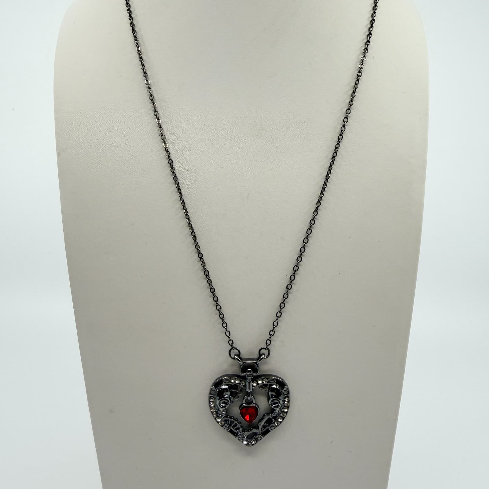 Vintage Gothic Steampunk Heart Pendant Necklace Gunmetal Tone Red Skulls Gears - Thumbnail 2